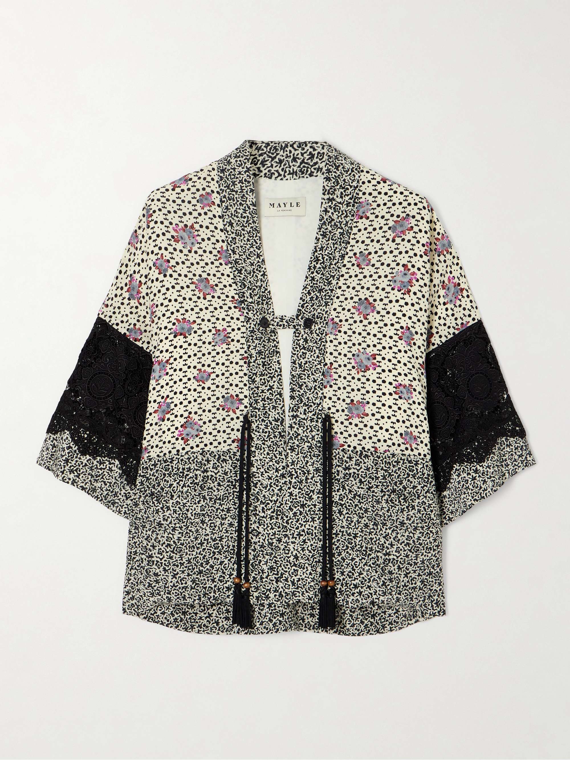 Sunset tasselled floral-print lace-trimmed silk crepe de chine jacket view