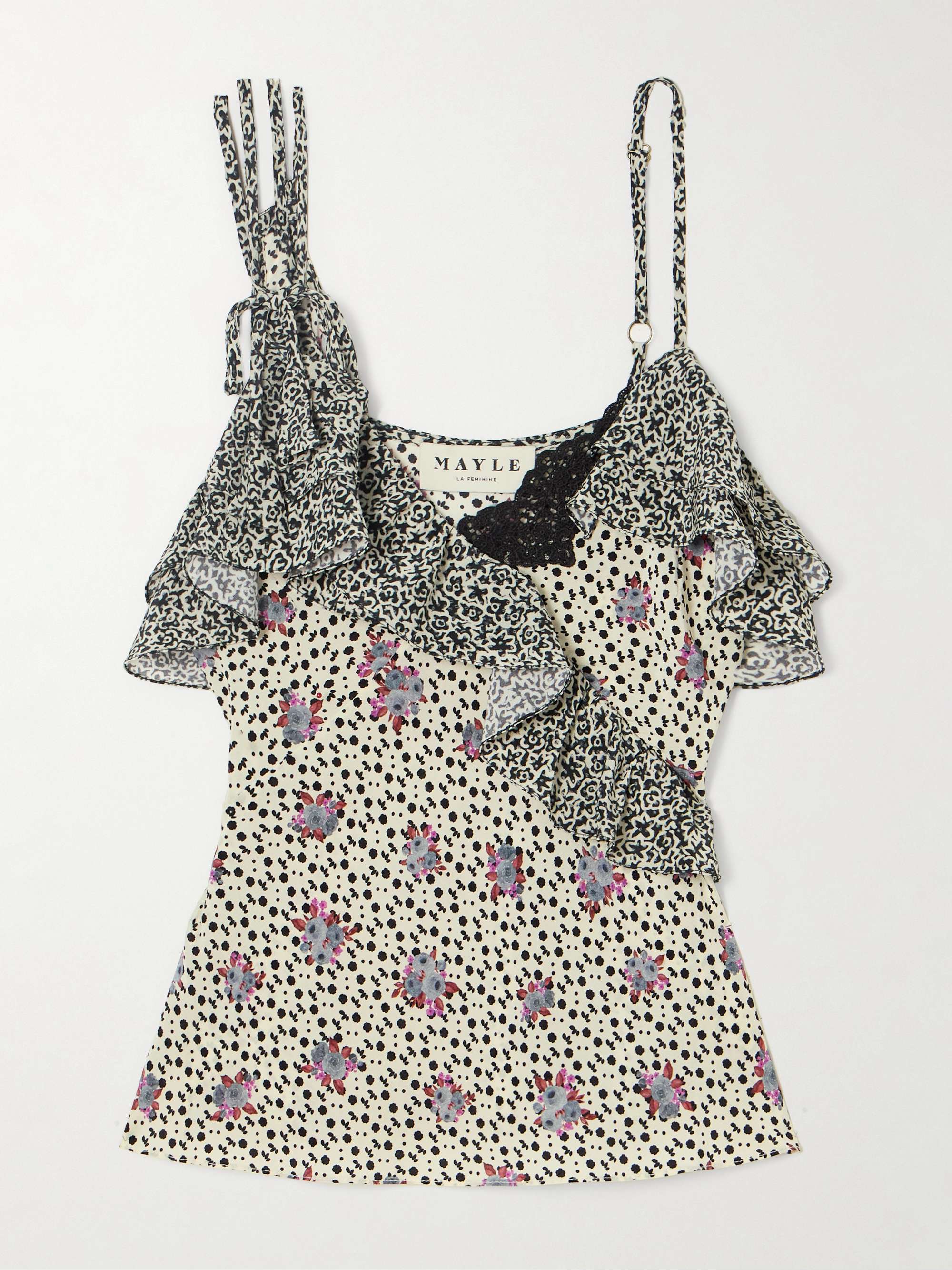 Izadora ruffled floral-print lace-trimmed silk-jacquard camisole view