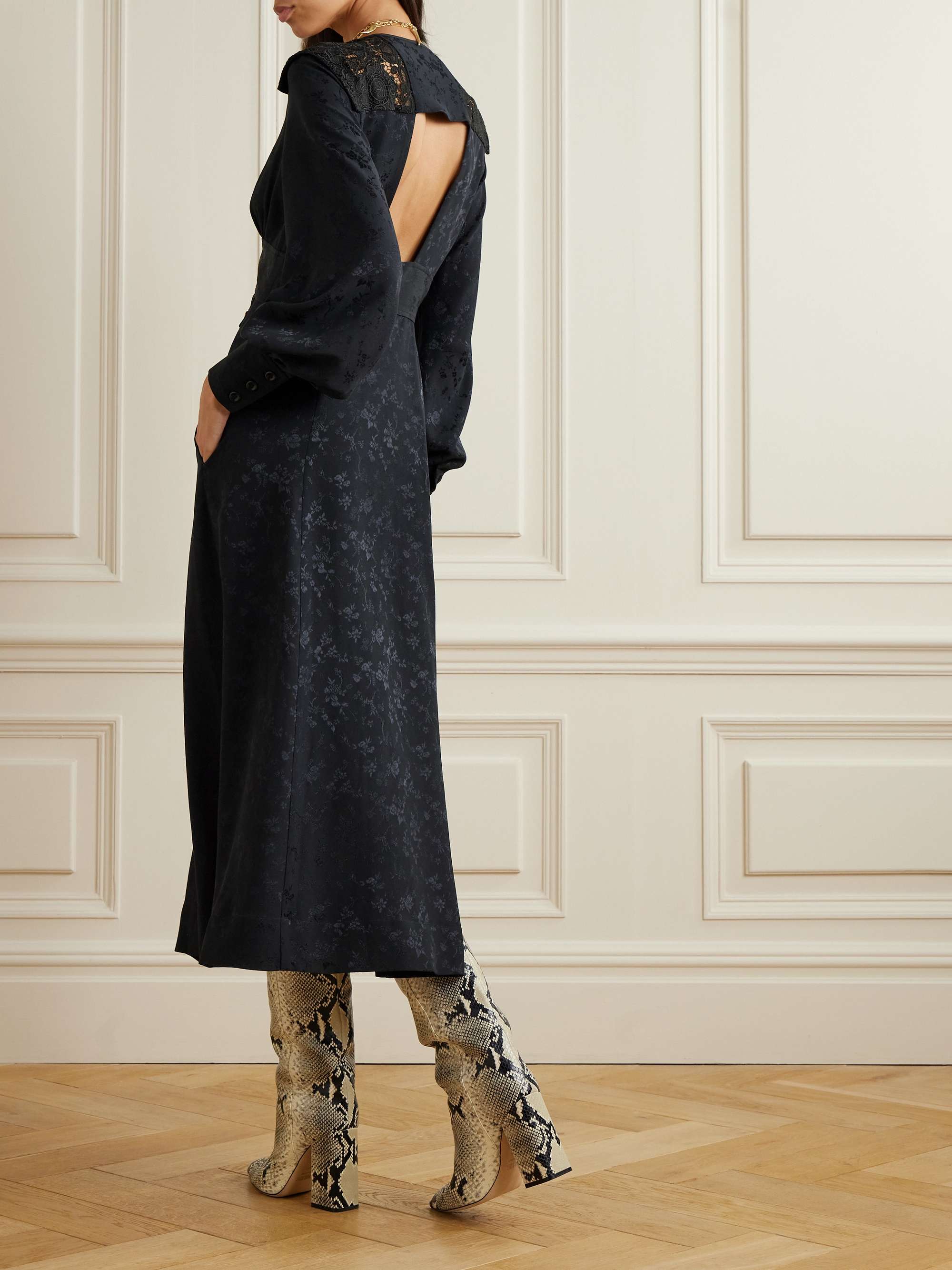 Nerina gathered guipure lace-trimmed silk-jacquard midi dress view