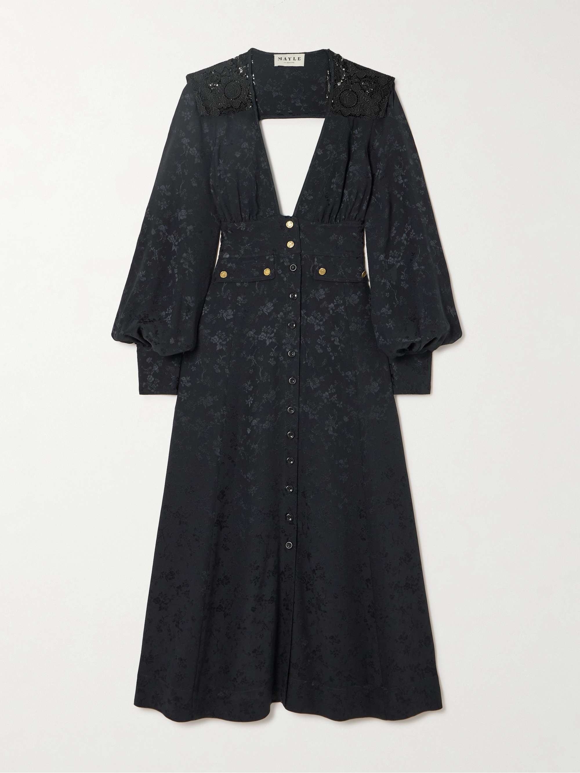 Nerina gathered guipure lace-trimmed silk-jacquard midi dress view