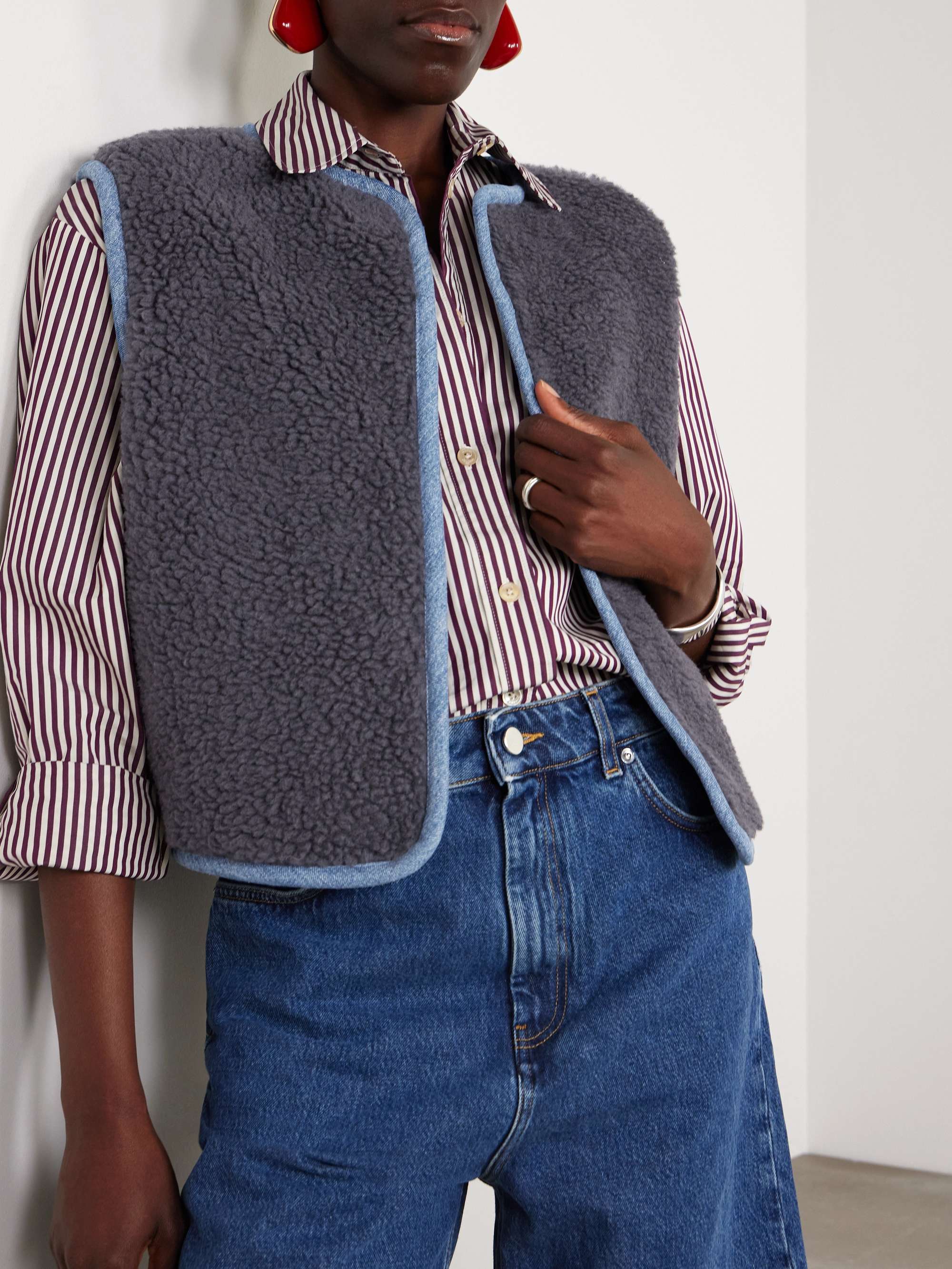 Reversible denim and faux shearling vest view