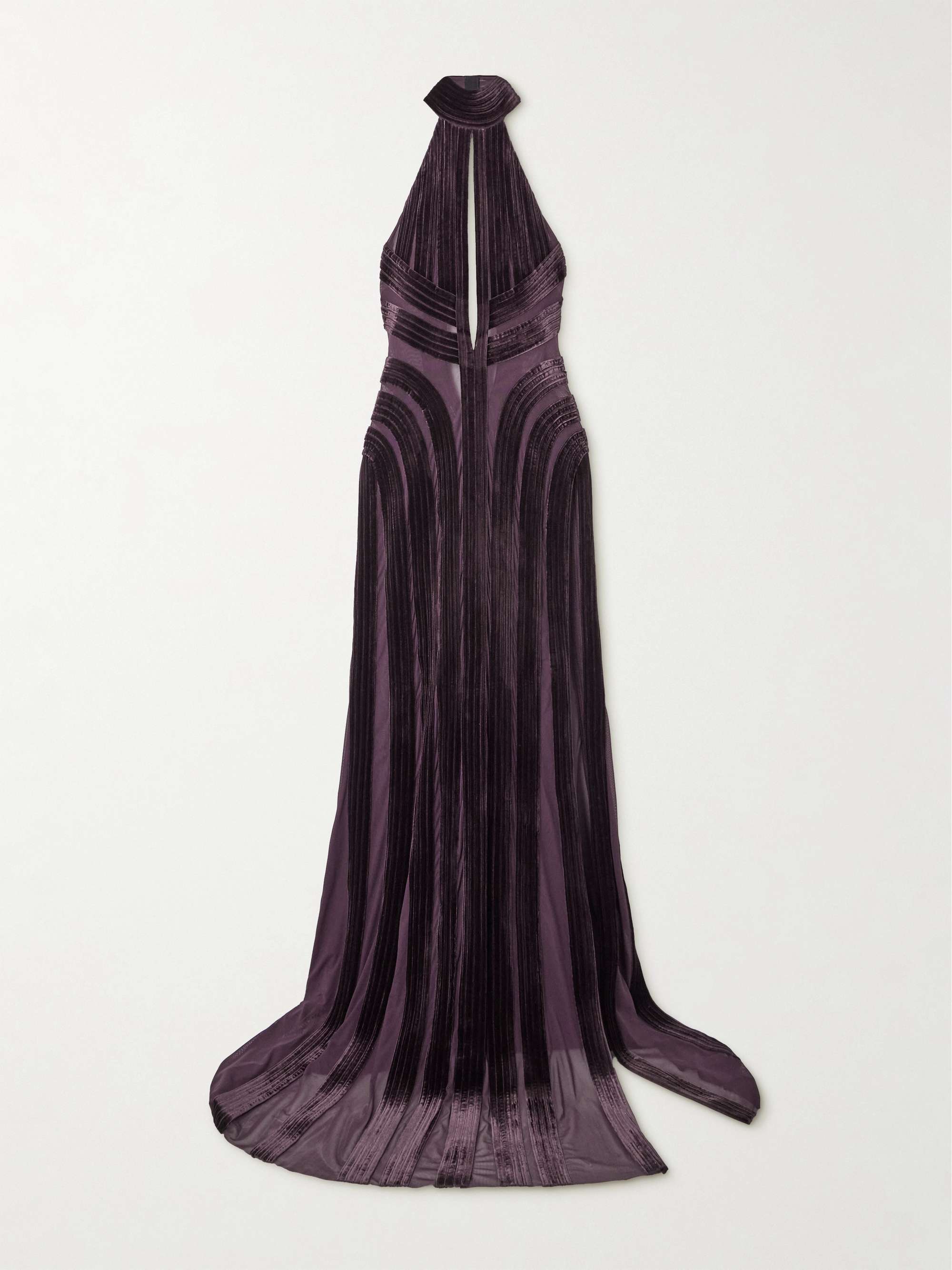 Open-back cutout paneled tulle and velvet halterneck gown view
