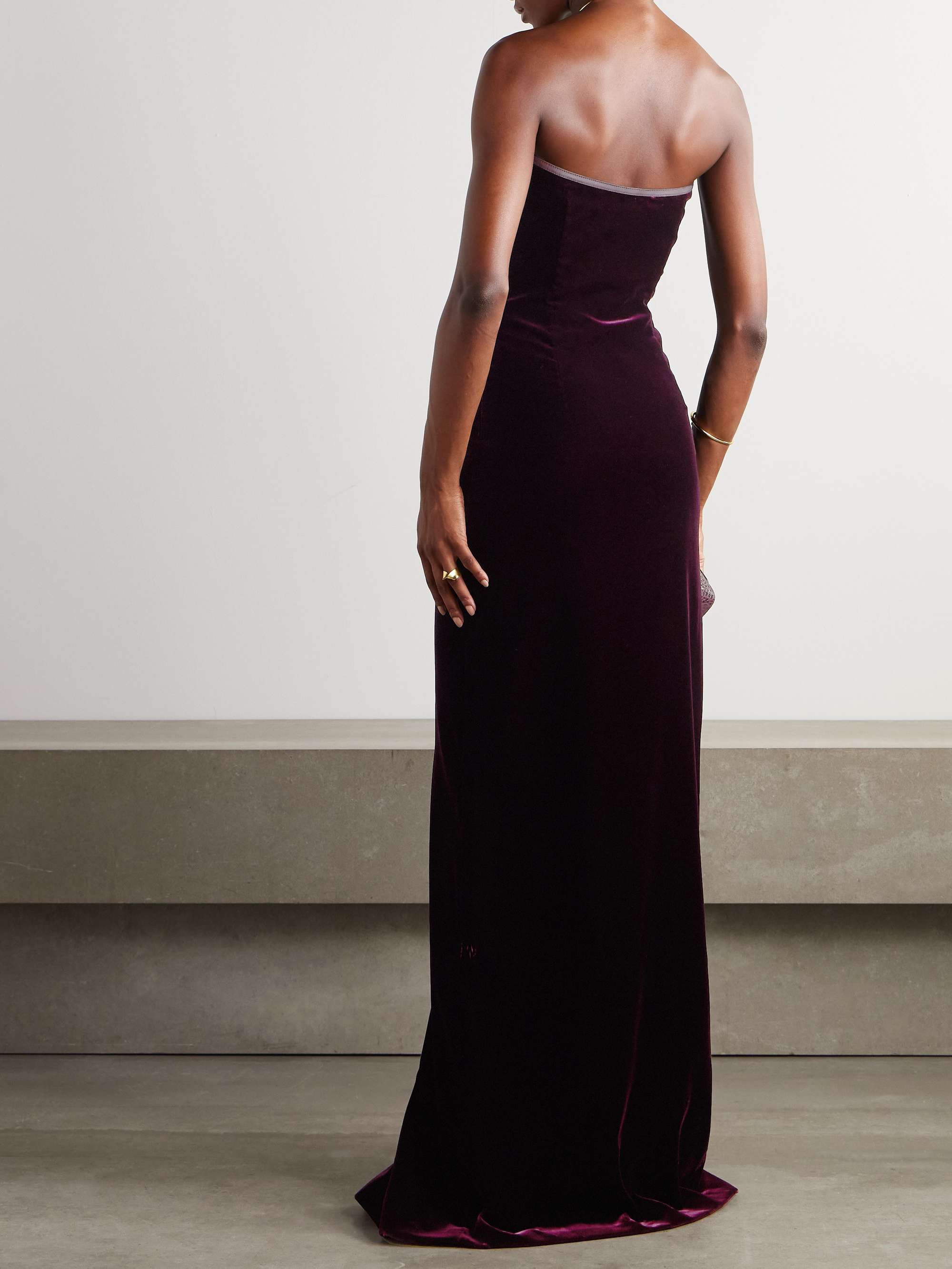 Strapless embellished leather-trimmed velvet gown view