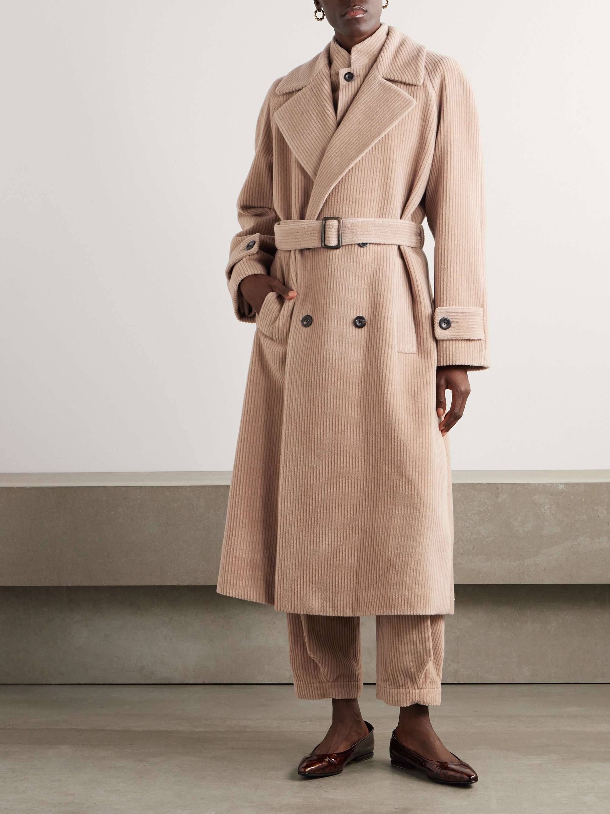 Double-breasted belted cashmere-corduroy coat view