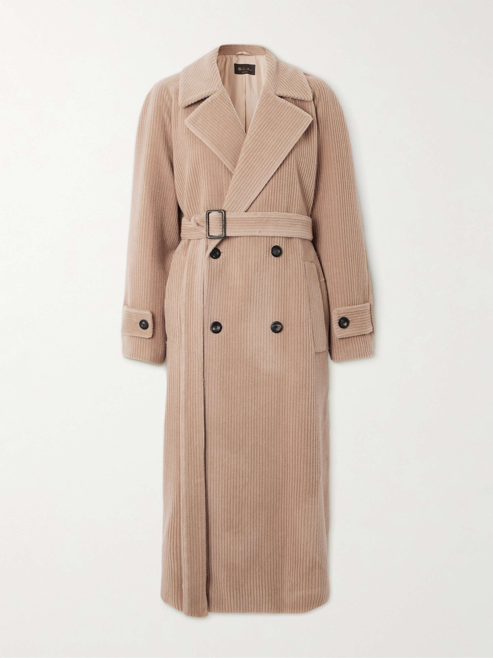 Double-breasted belted cashmere-corduroy coat view