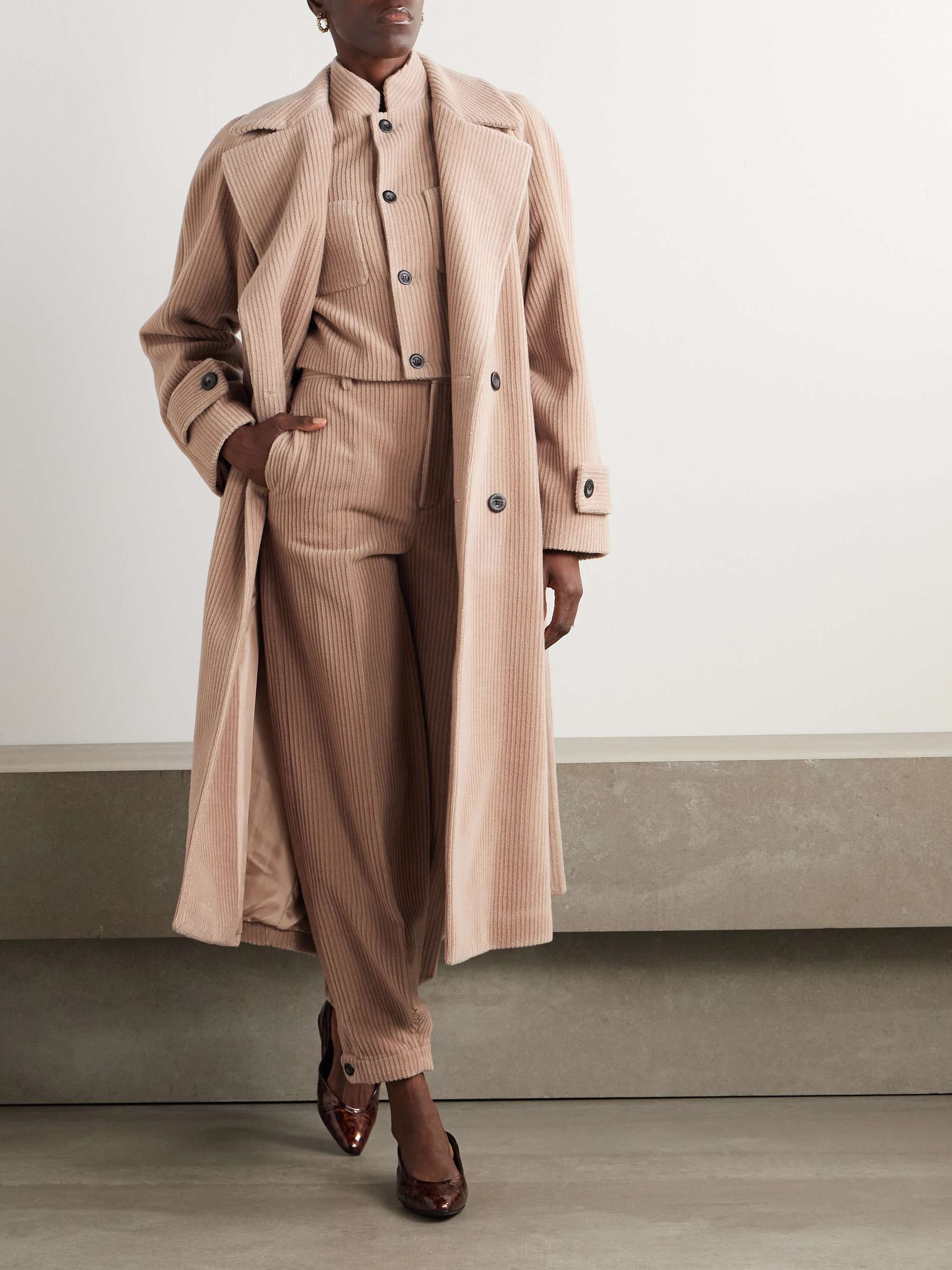Double-breasted belted cashmere-corduroy coat view