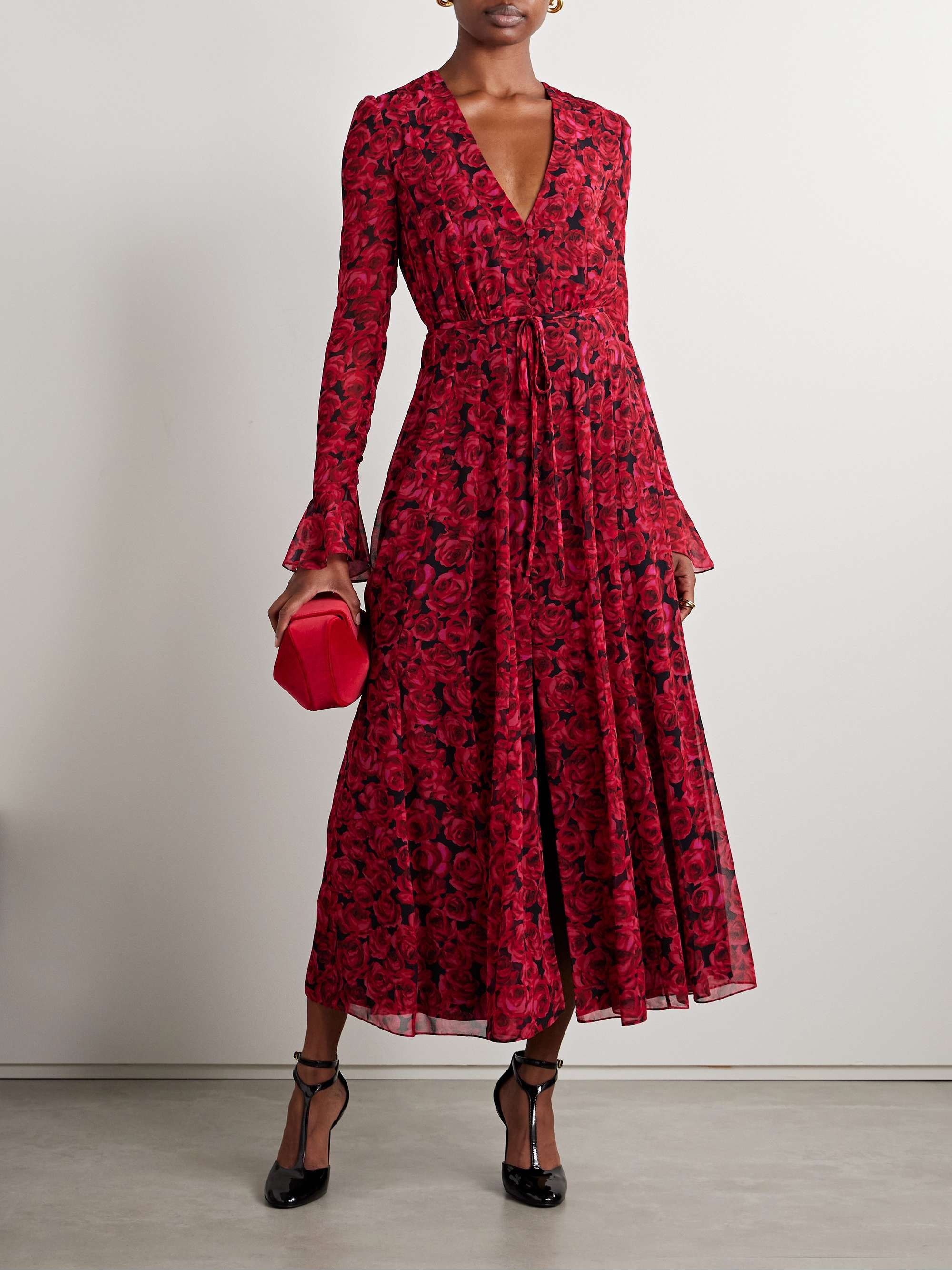 Gathered floral-print chiffon midi dress view