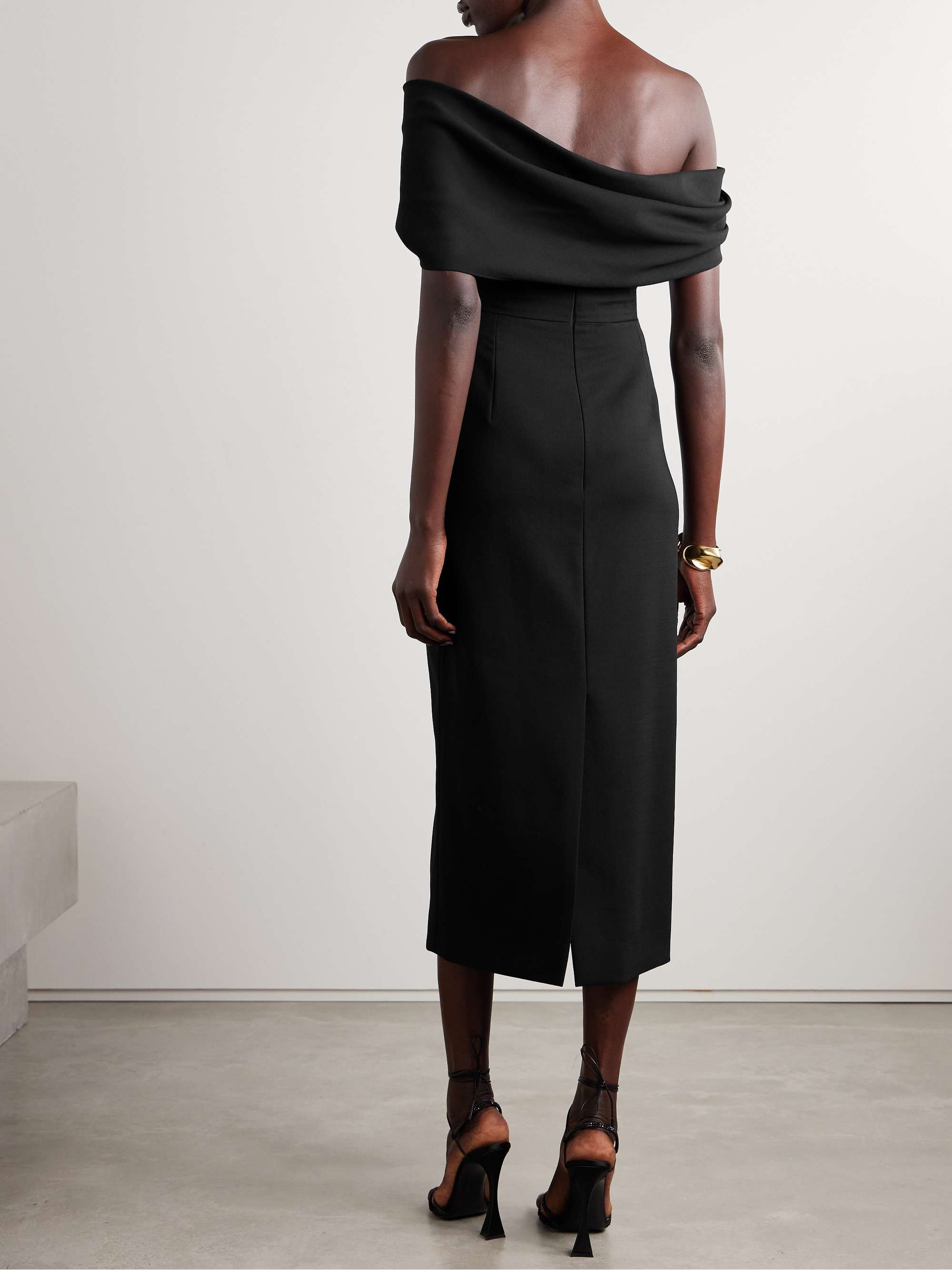 Off-the-shoulder draped wool-blend crepe midi dress view
