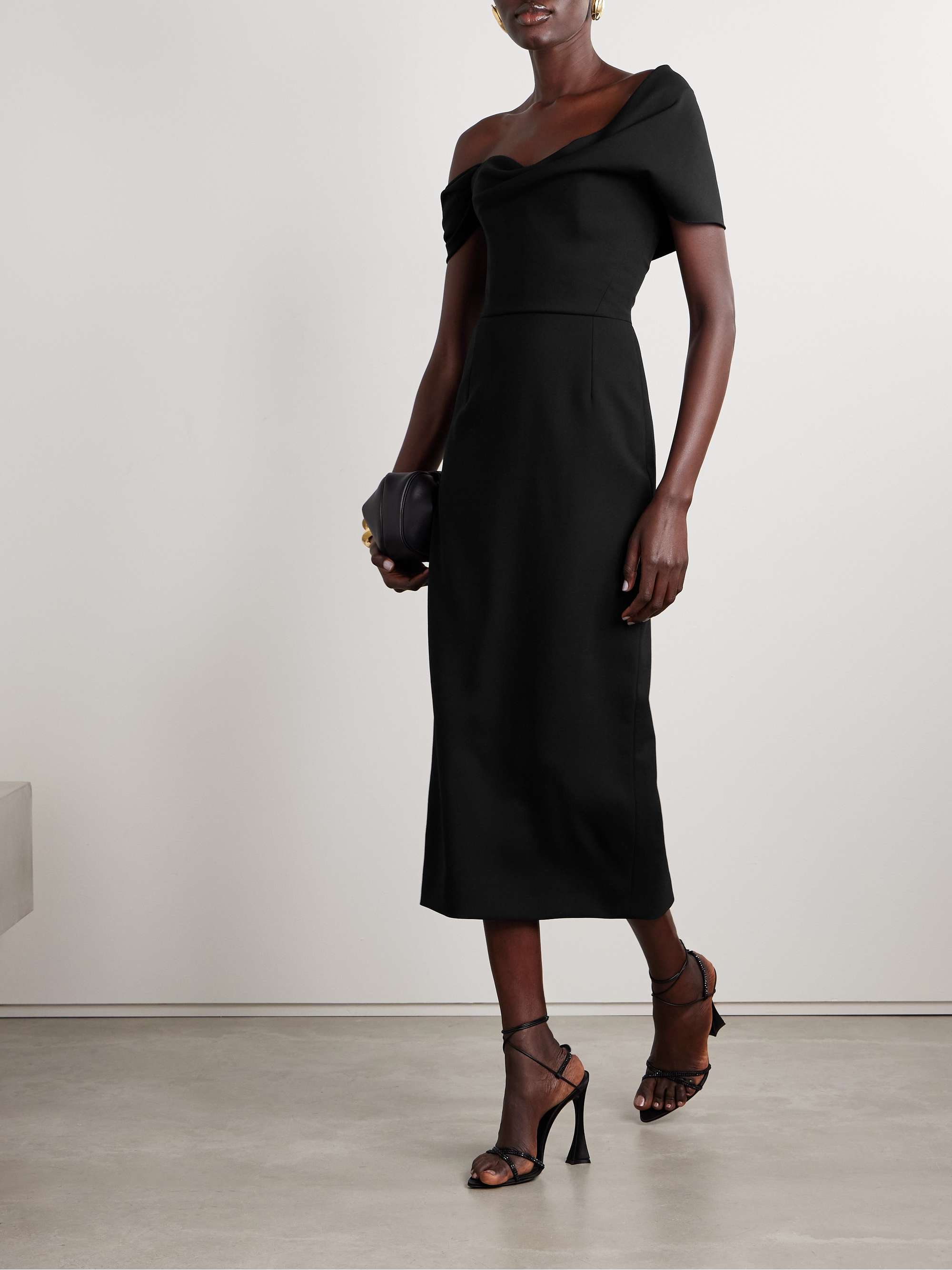 Off-the-shoulder draped wool-blend crepe midi dress view