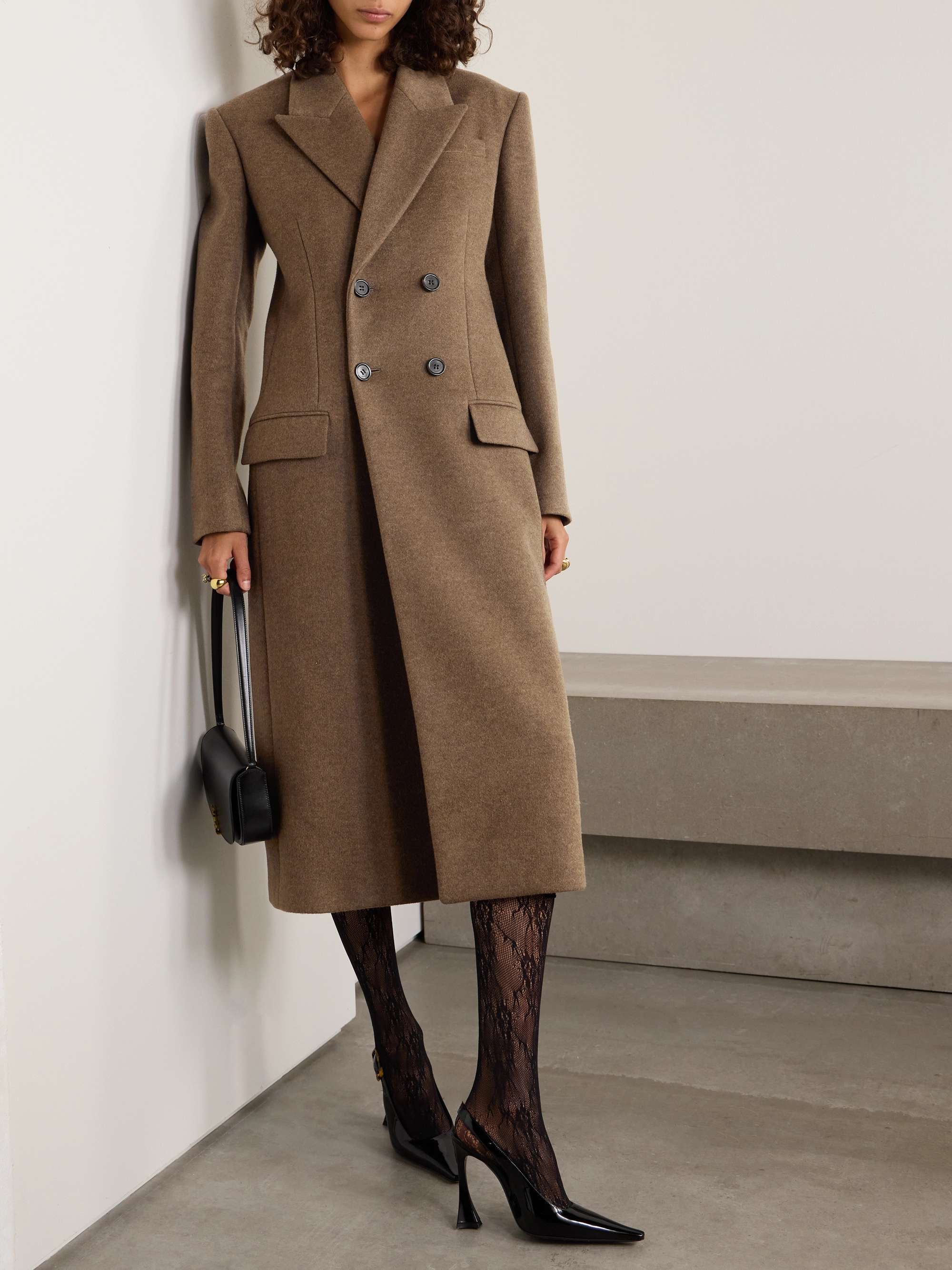 Double-breasted brushed wool and cashmere-blend coat view