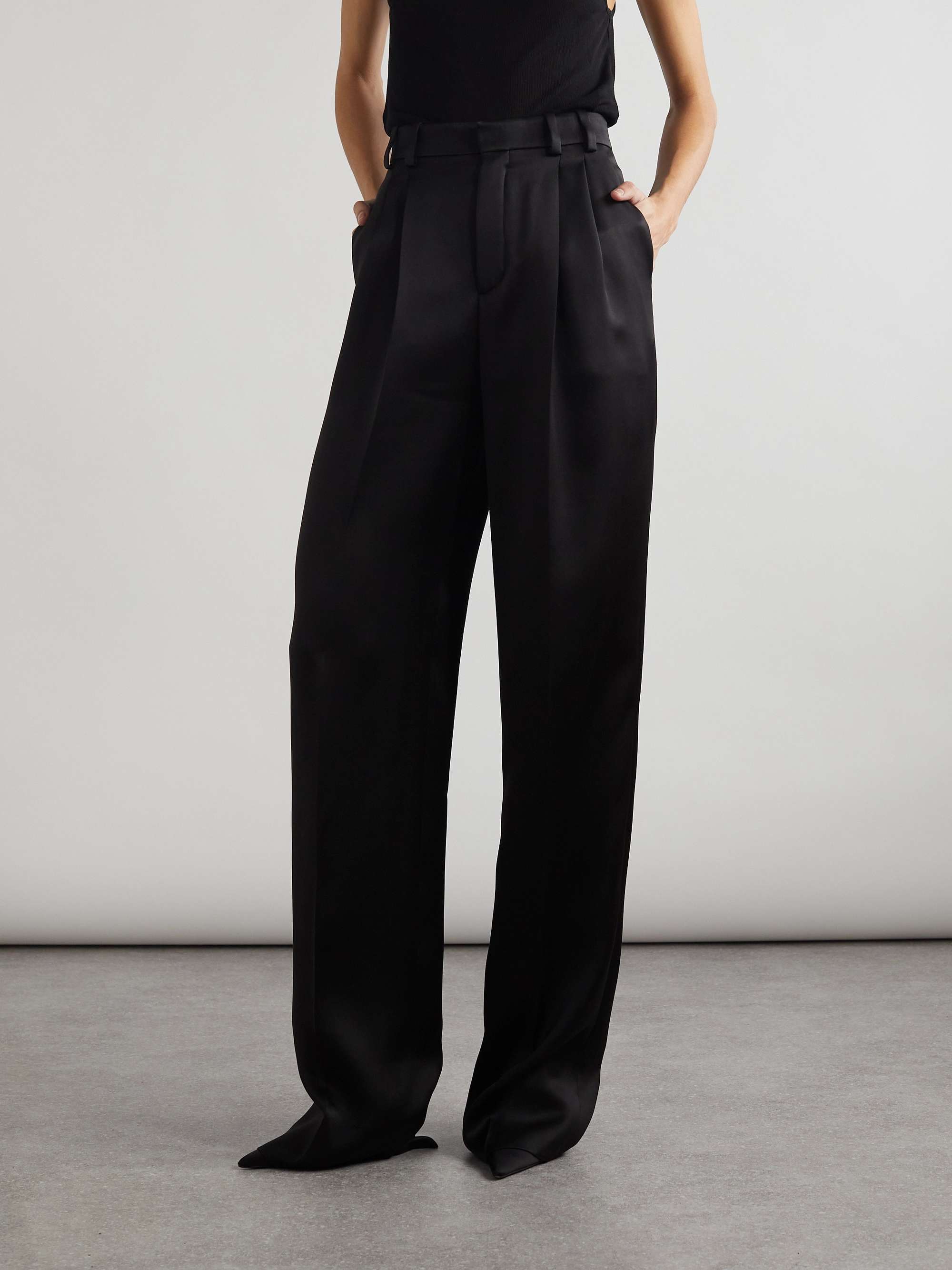 Pleated silk-satin straight-leg pants view