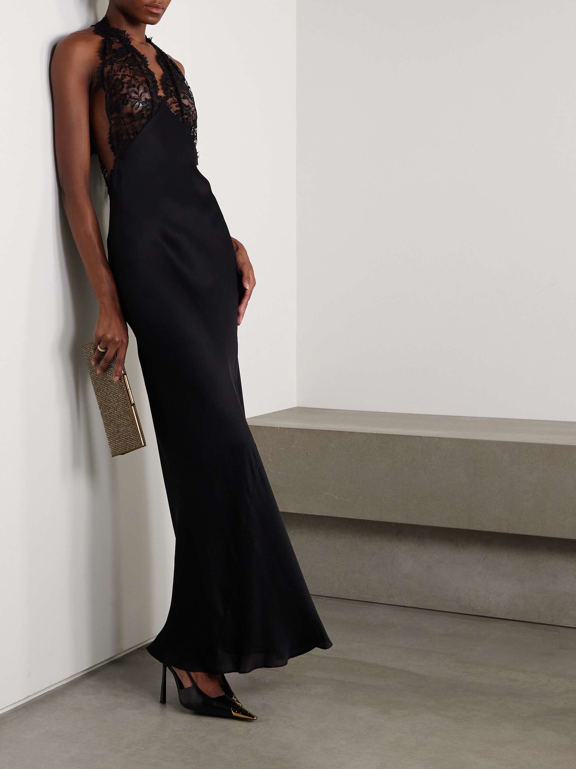 Lace-trimmed silk-charmeuse halterneck gown view