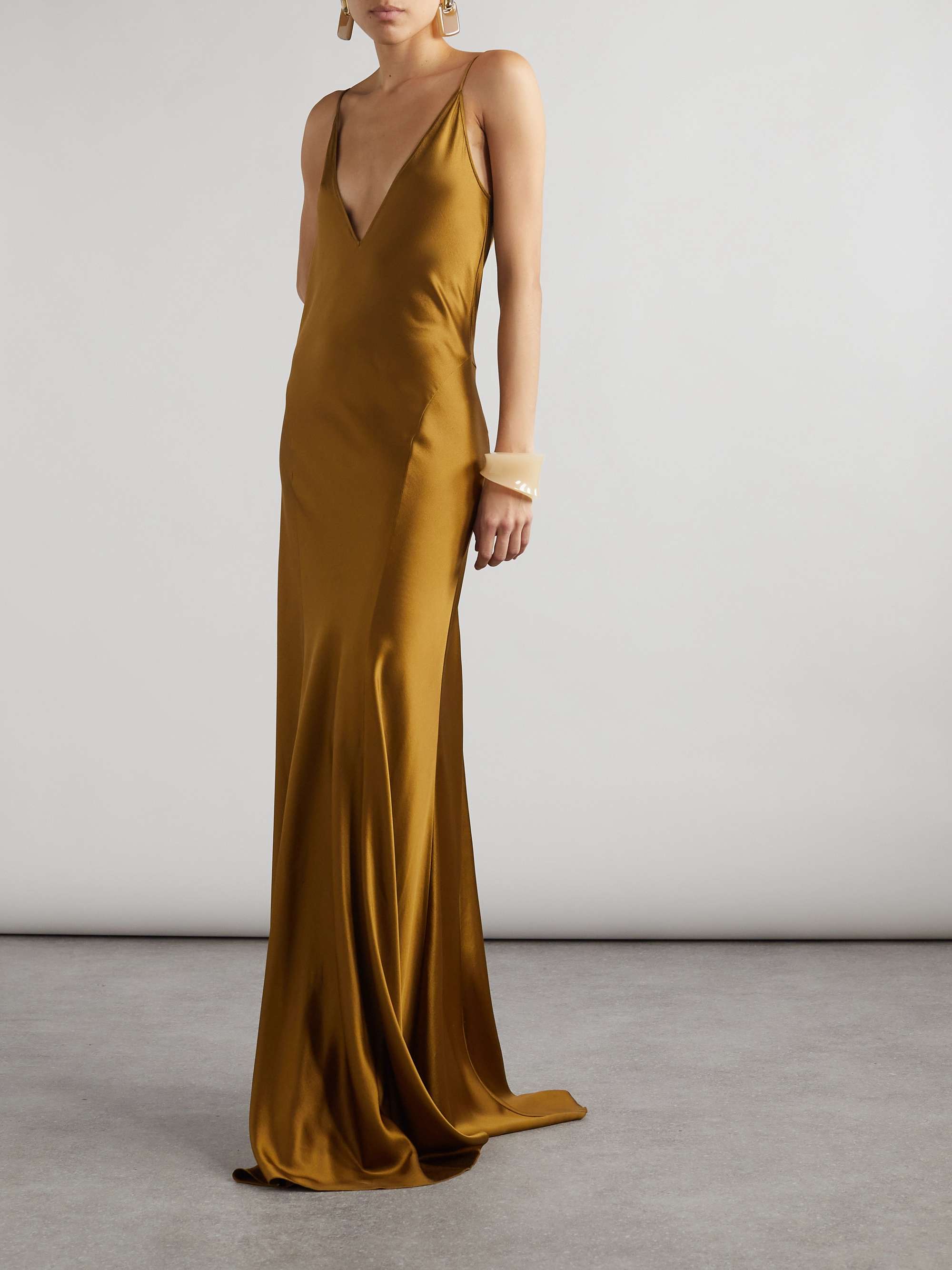 Open-back paneled silk-satin gown view
