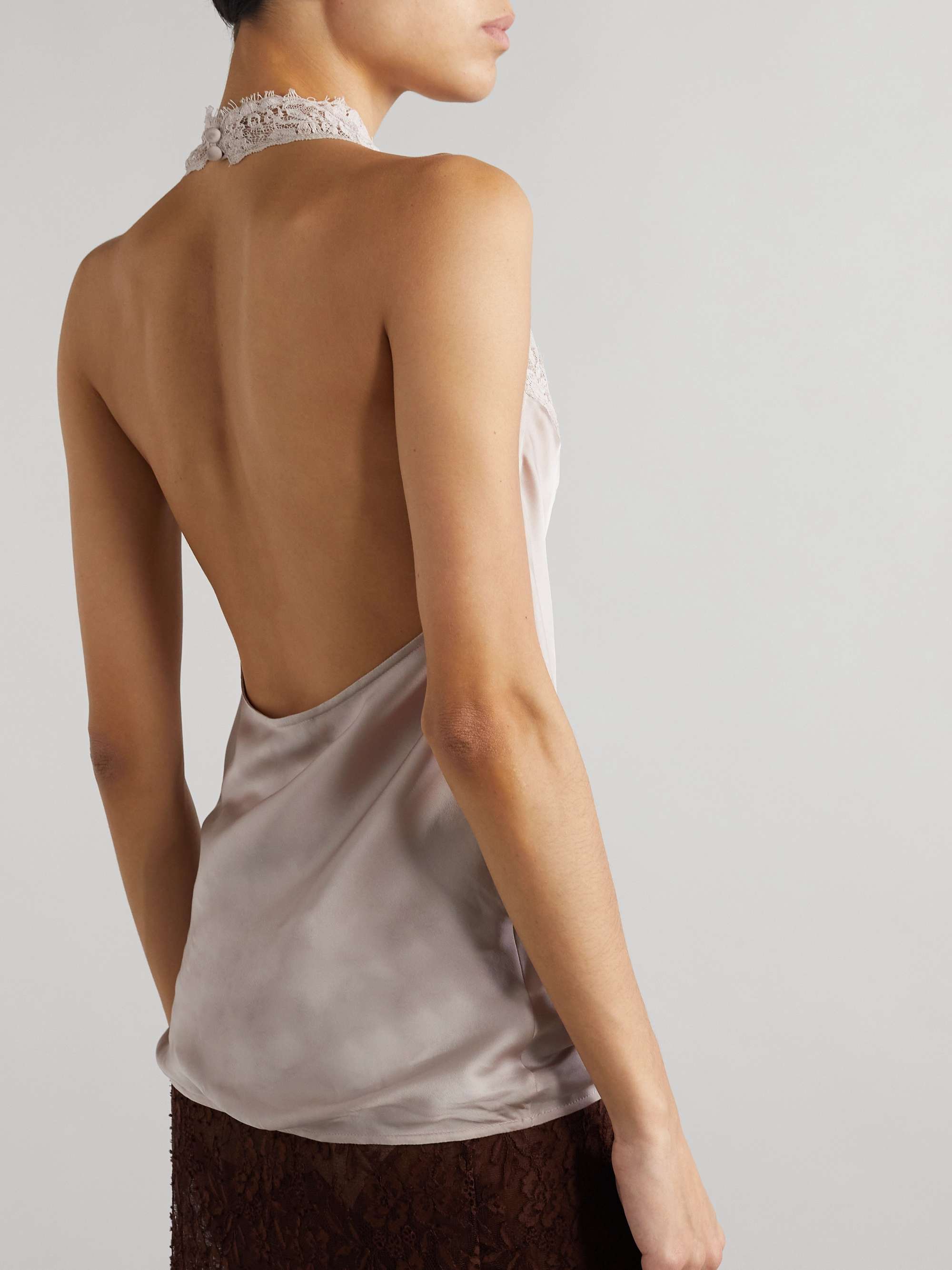 Lace-trimmed silk halterneck tank top view