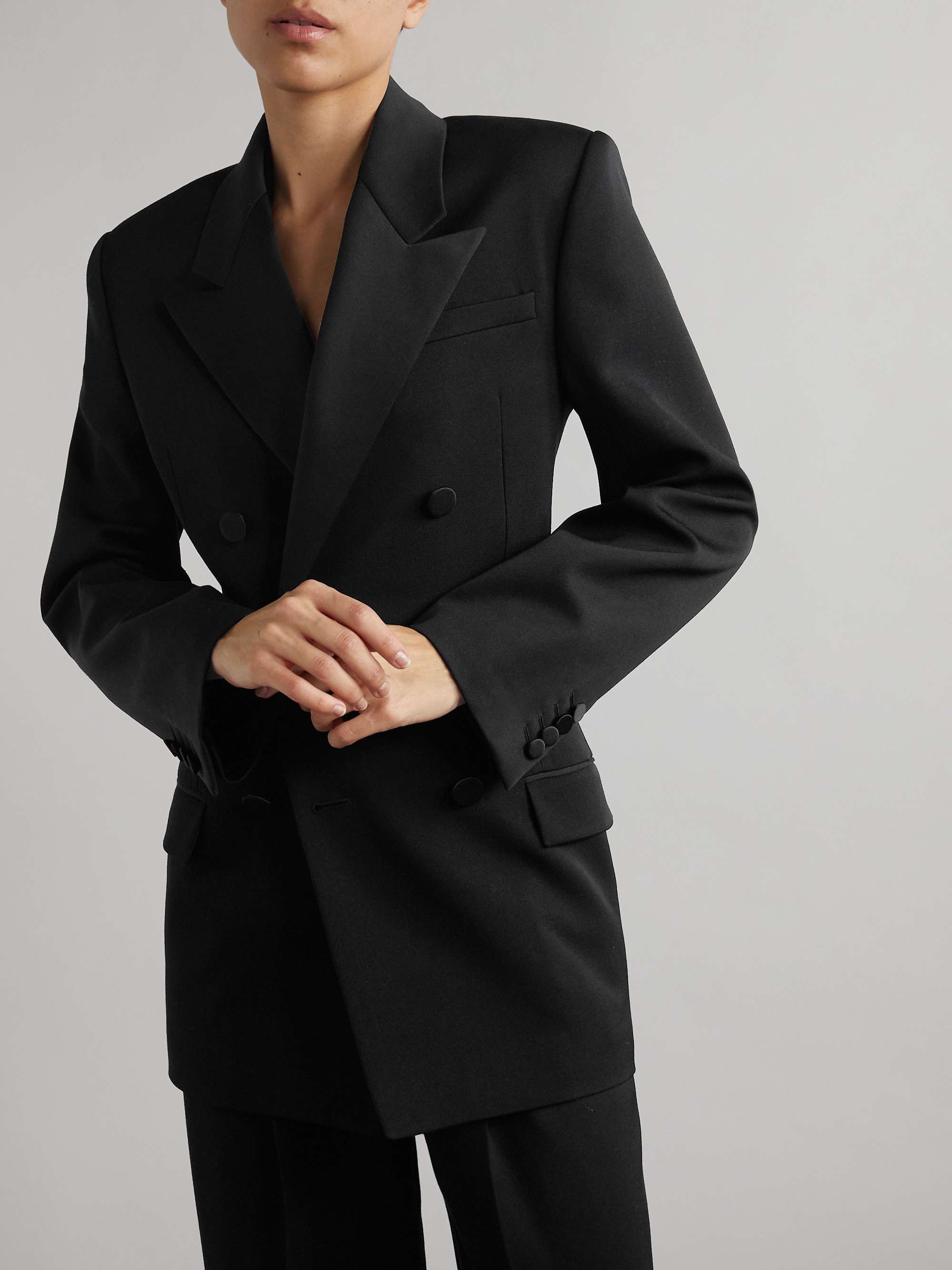 Double-breasted twill-trimmed grain de poudre wool blazer view