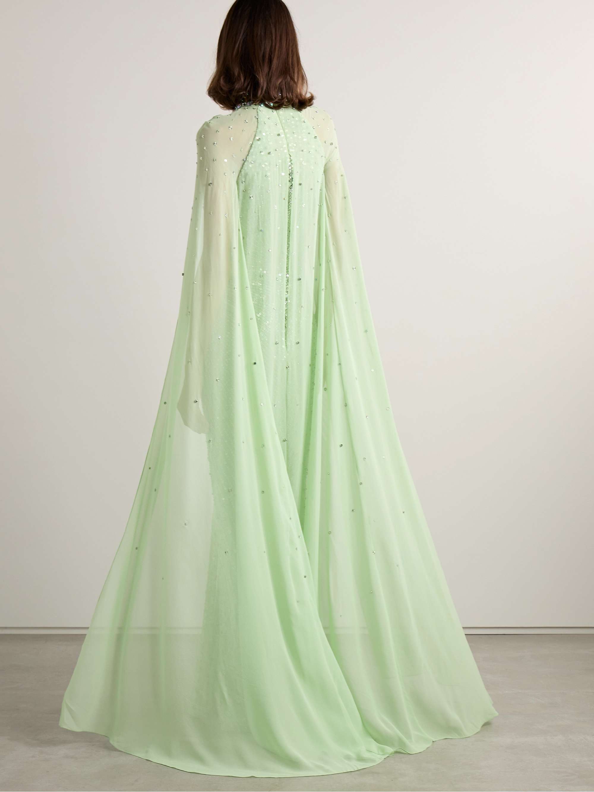 Cape-effect embellished georgette-trimmed tulle gown view