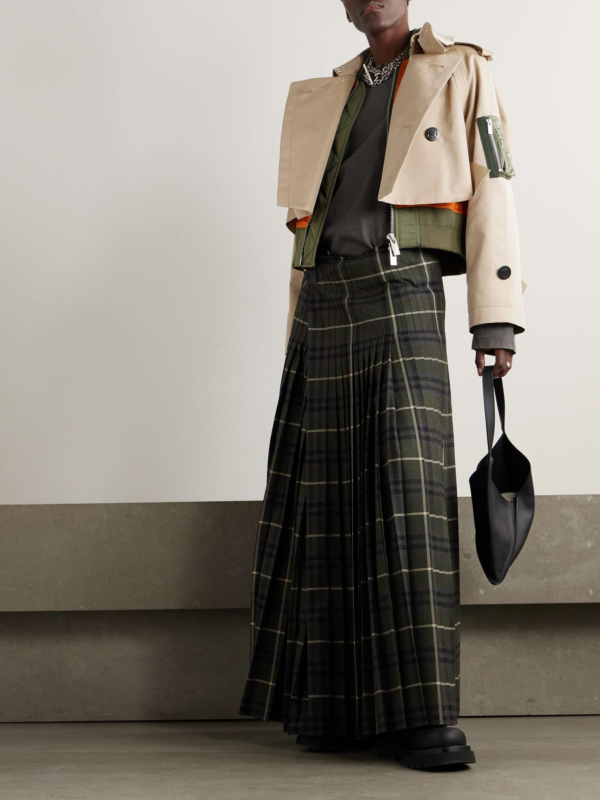 Layered shell-trimmed cotton-blend gabardine and knitted jacket view