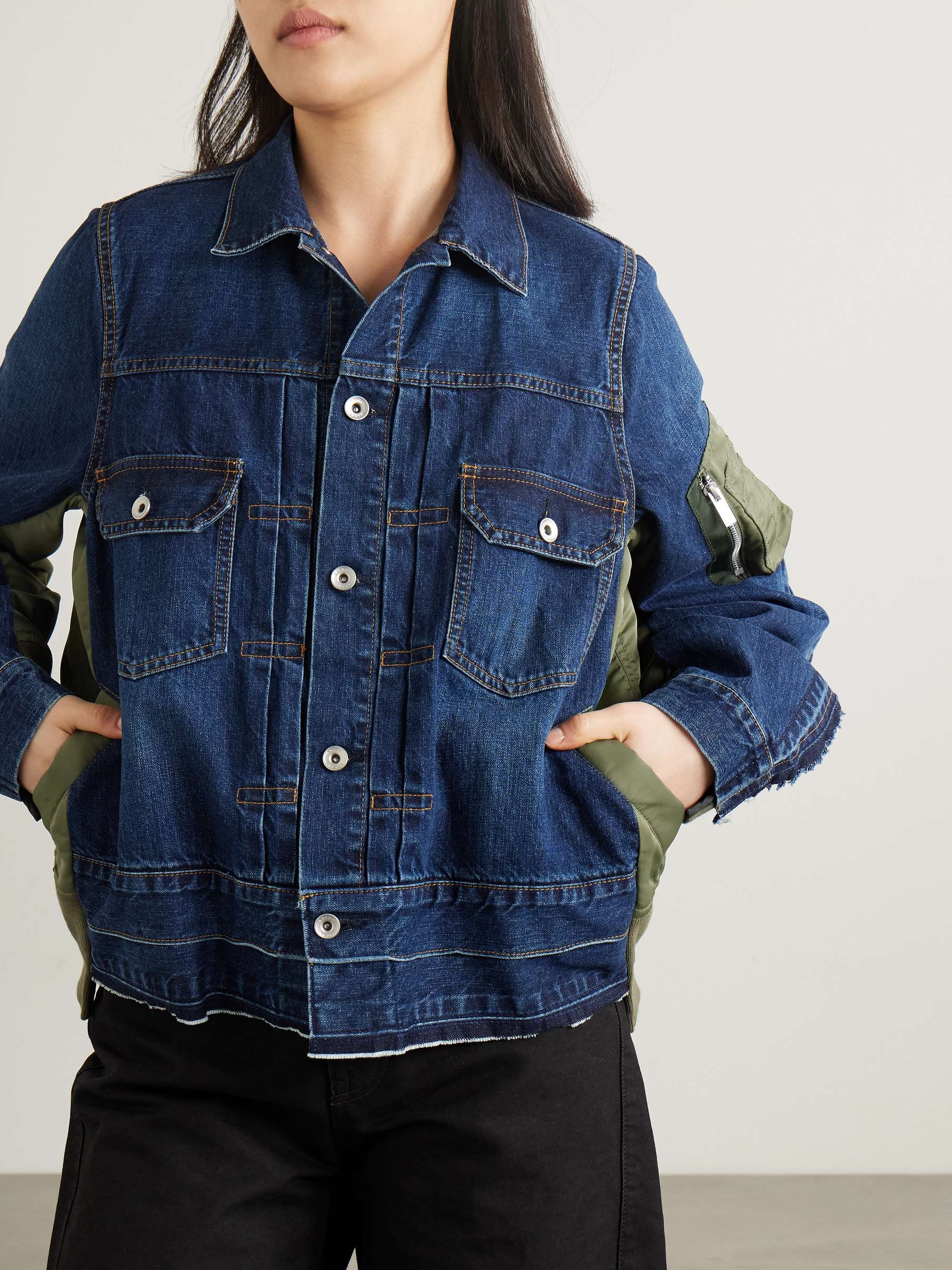 Paneled distressed denim and shell jacket view