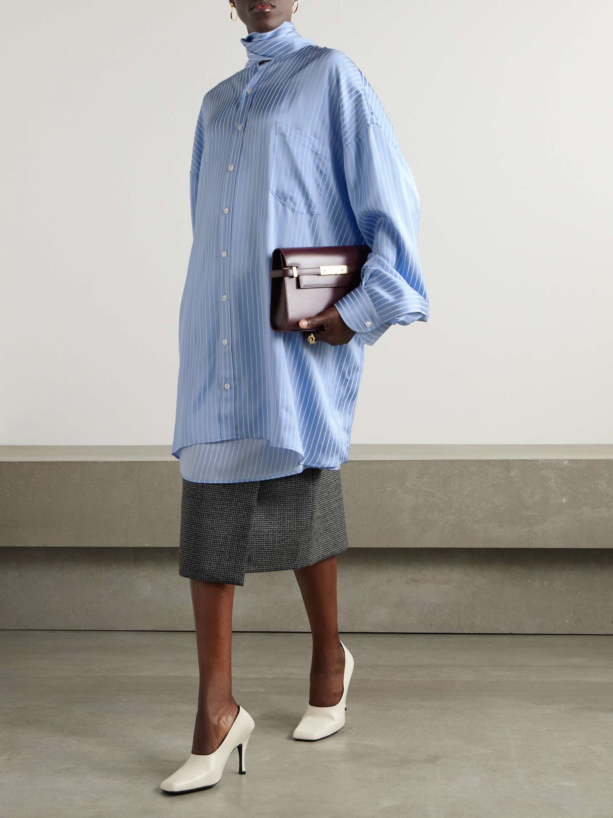 Oversized pussy-bow pinstriped satin shirt view