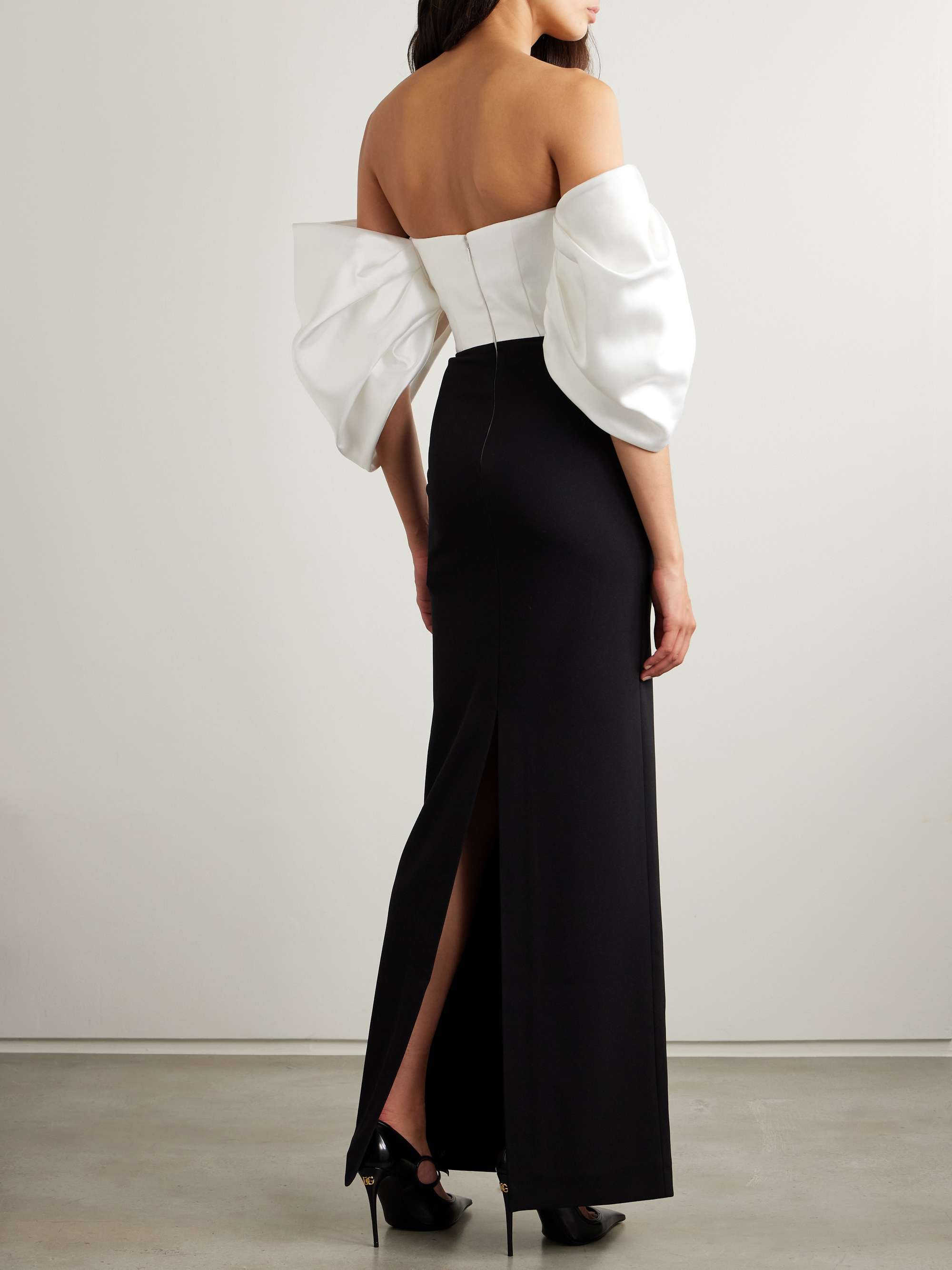 Arla off-the-shoulder gathered satin-twill and crepe gown view