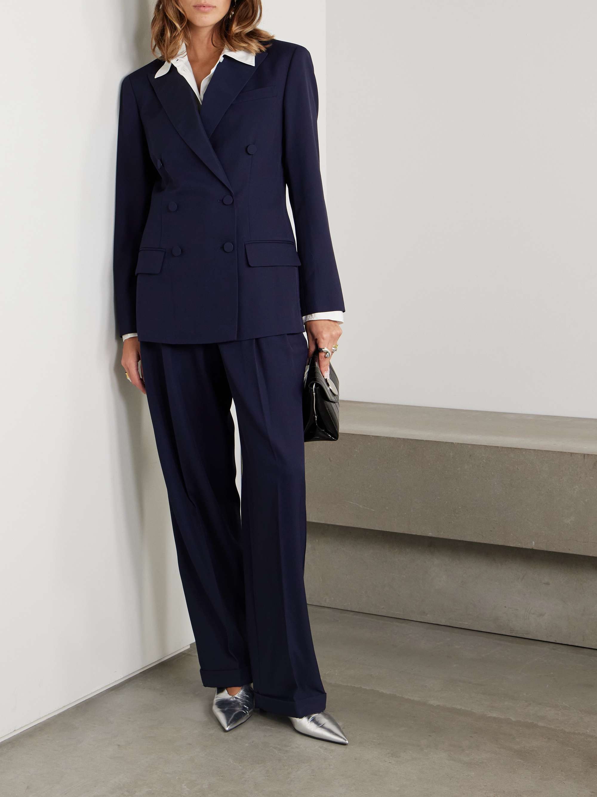 Double-breasted mulberry silk satin-trimmed wool blazer view