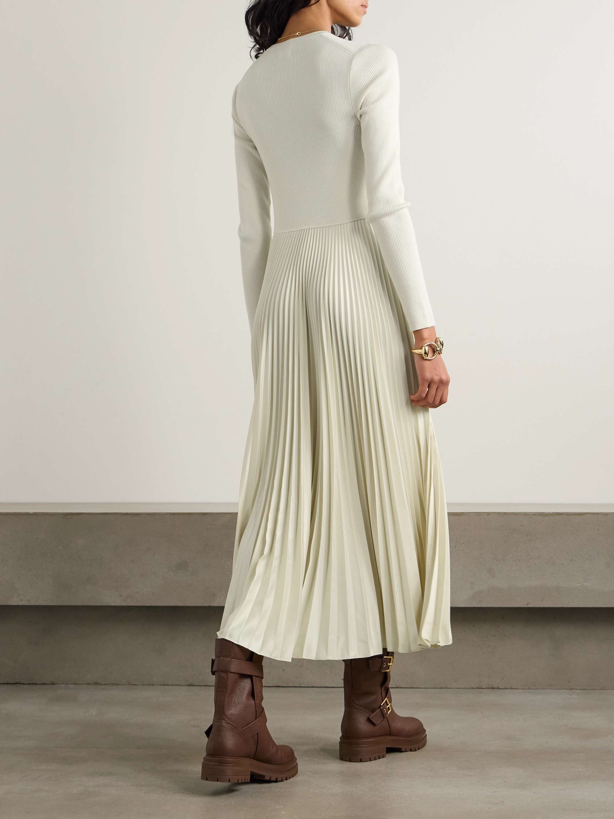 Pleated wool ribbed-knit midi dress view