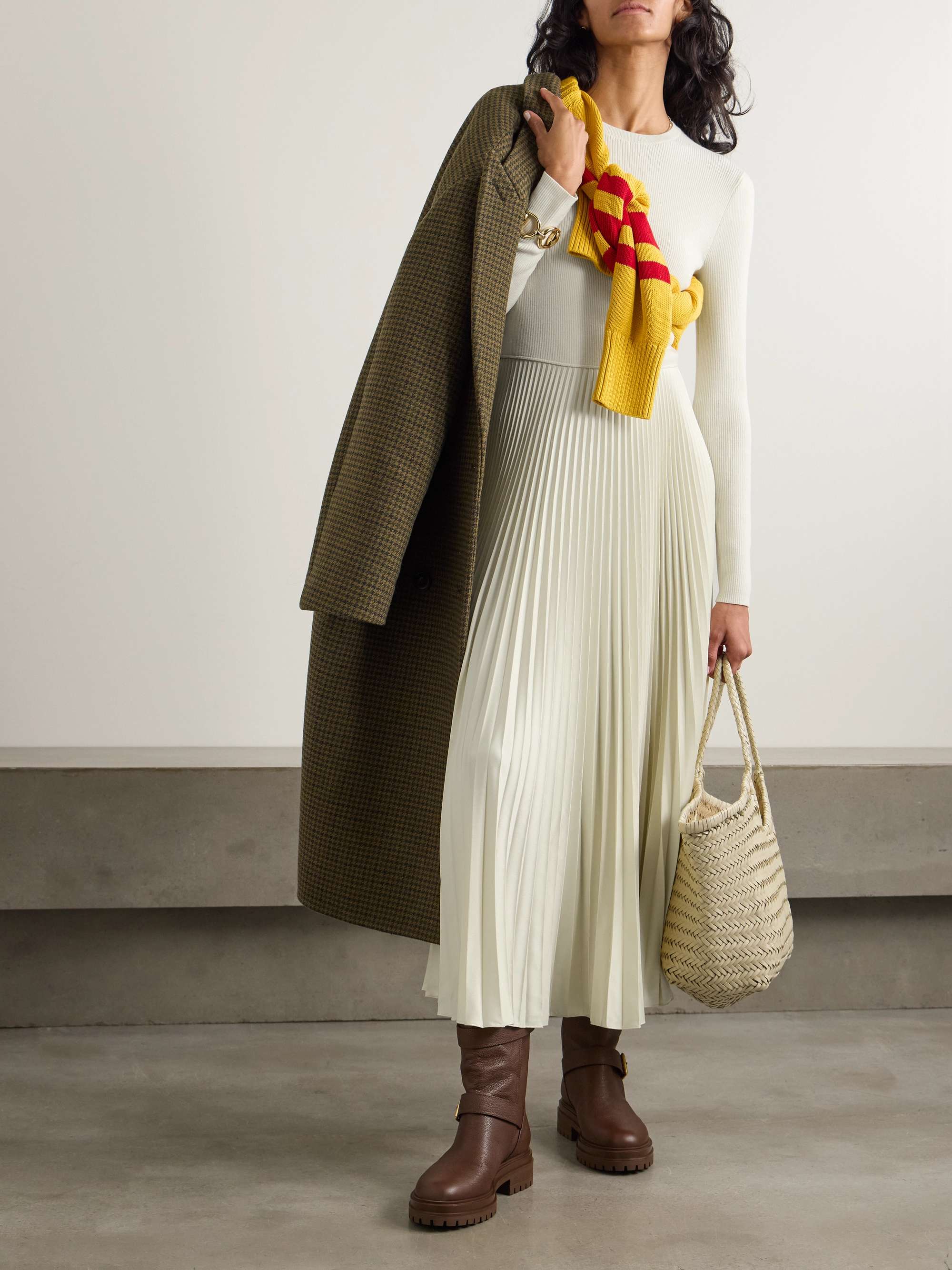 Pleated wool ribbed-knit midi dress view