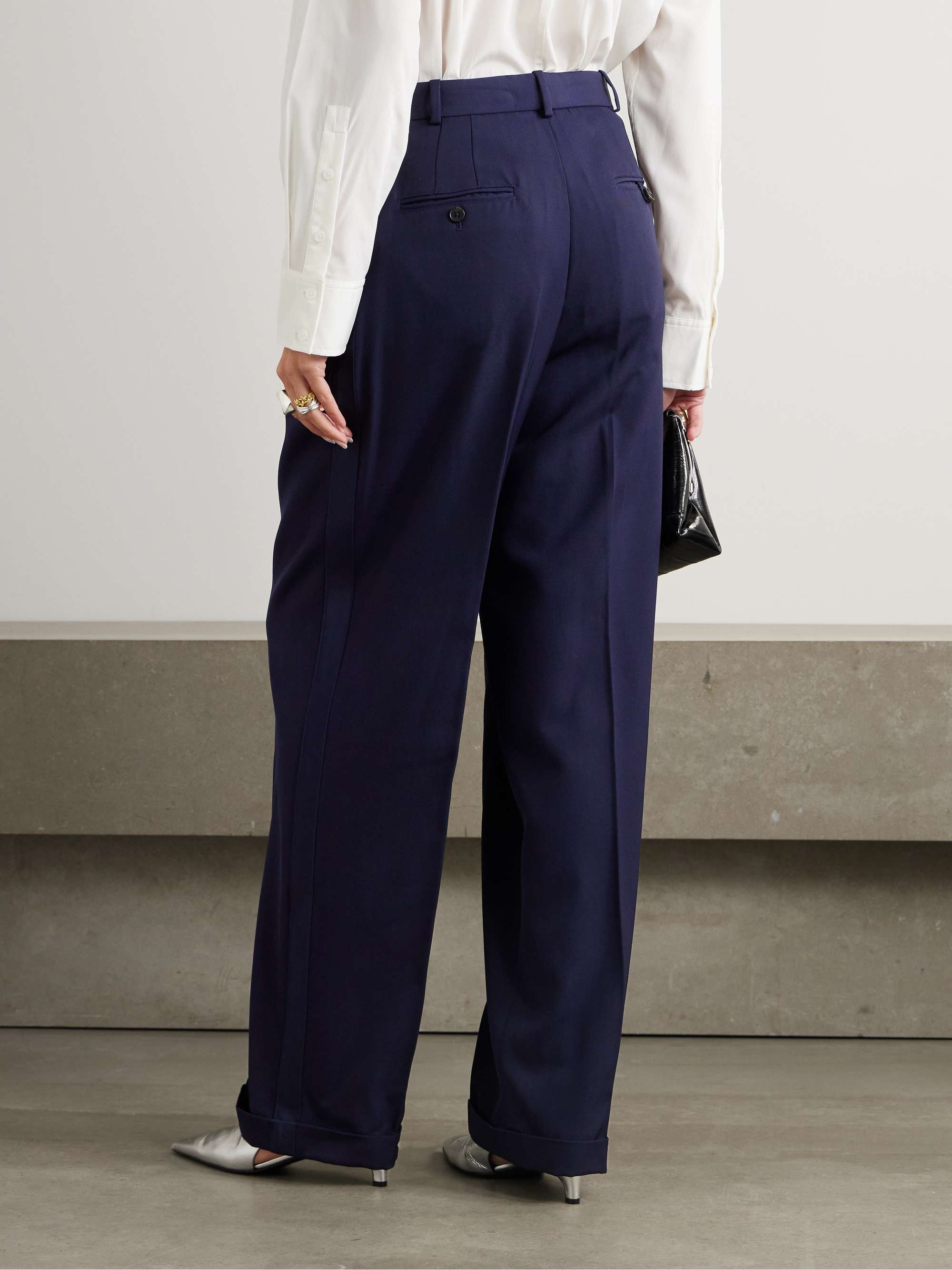 Pleated silk satin-trimmed wool wide-leg pants view