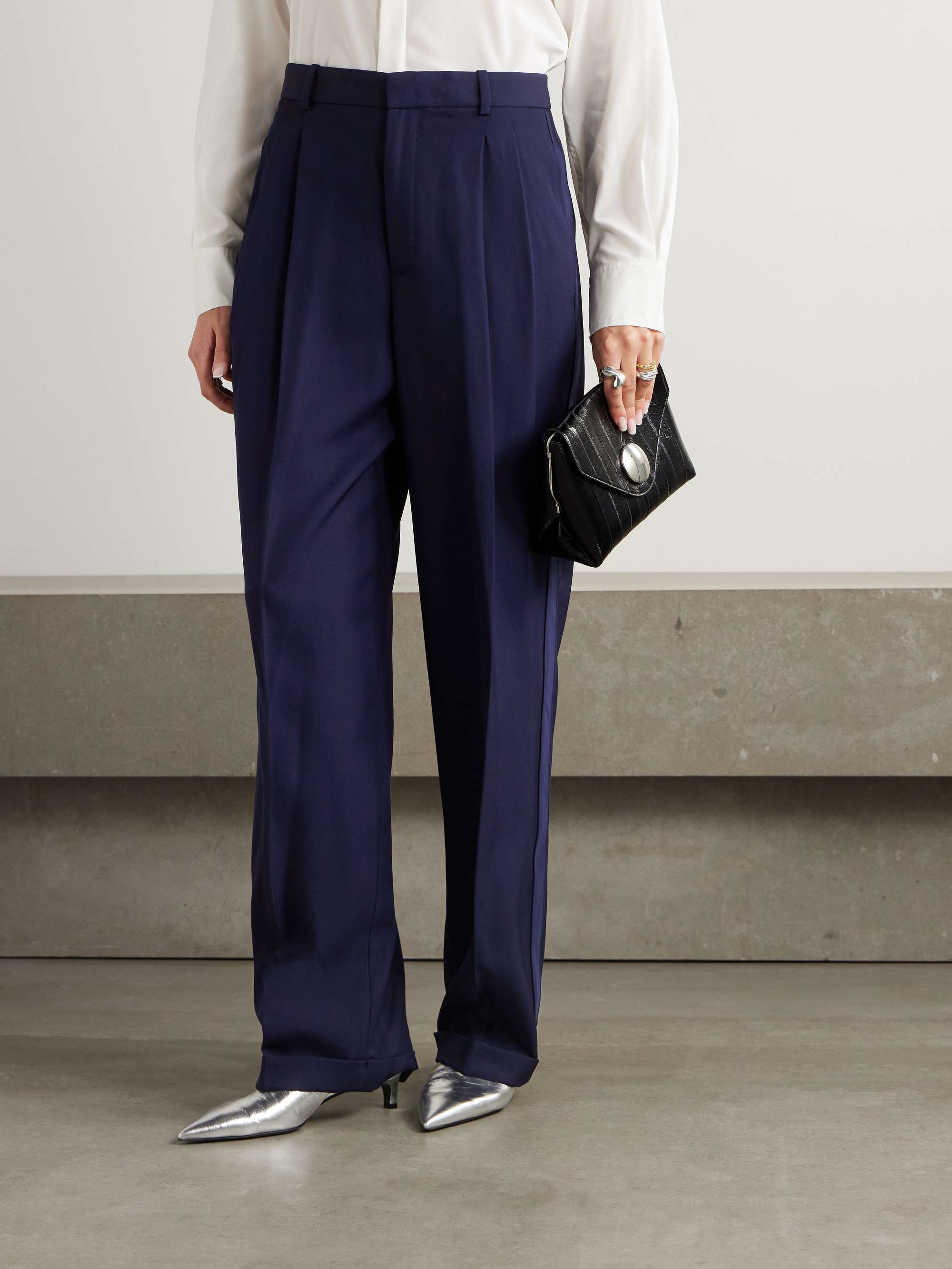 Pleated silk satin-trimmed wool wide-leg pants view