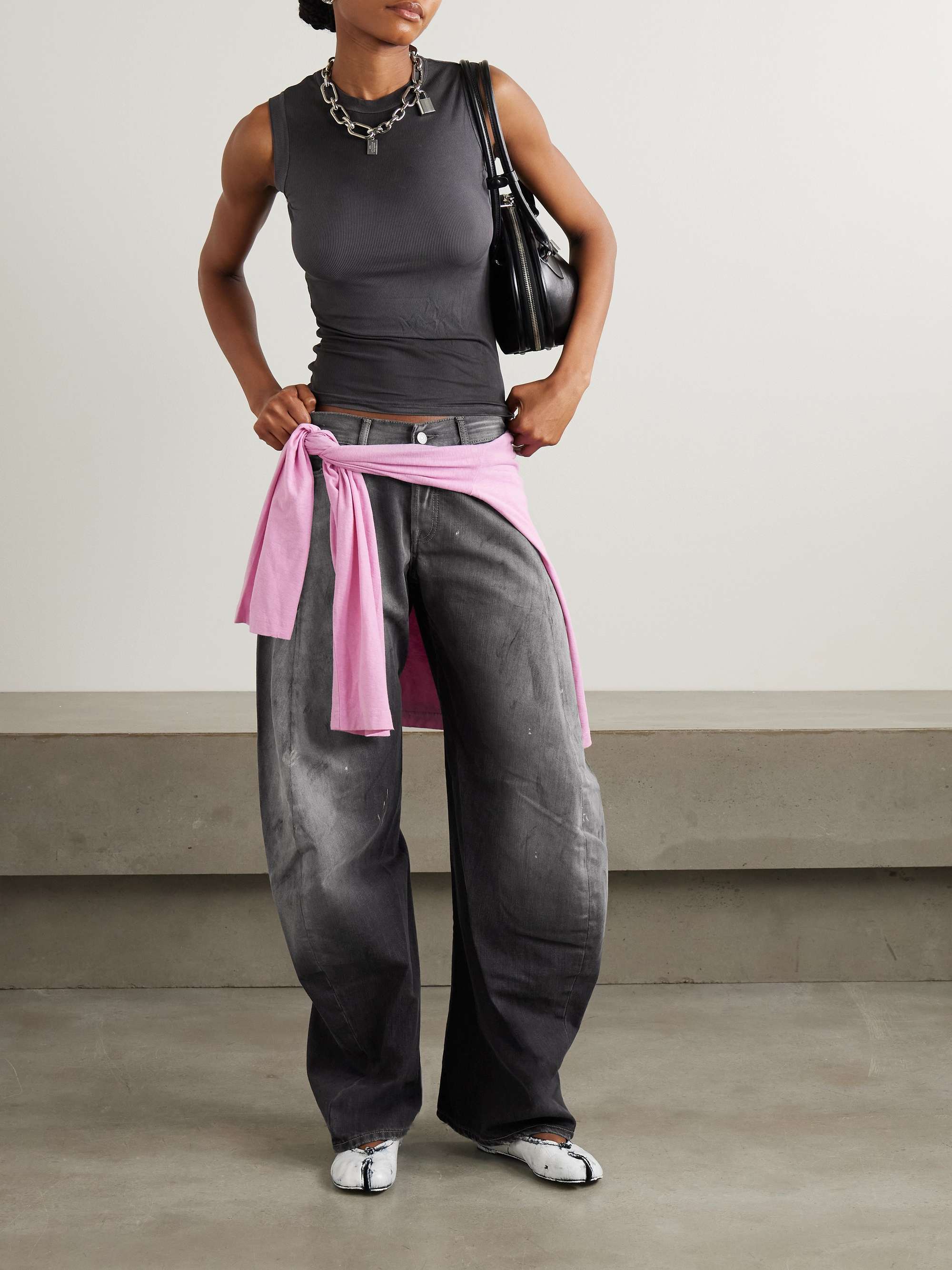 2006 paint-splattered low-rise barrel-leg jeans view