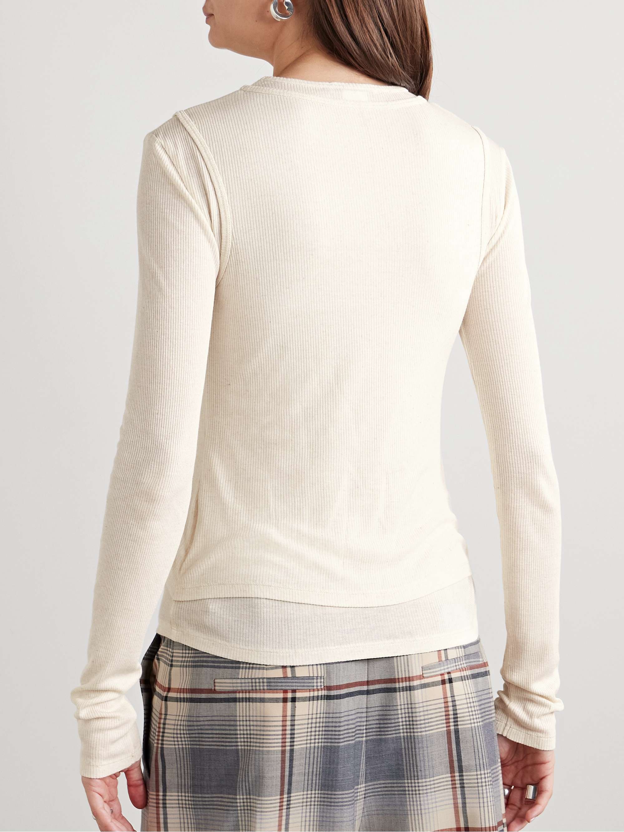 Layered printed ribbed modal and linen-blend jersey top view