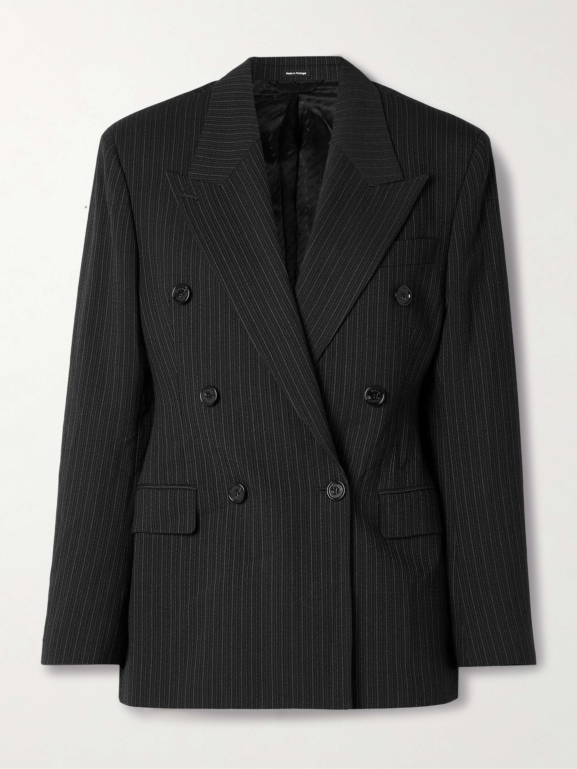 Double-breasted pinstriped wool and cotton-blend blazer view