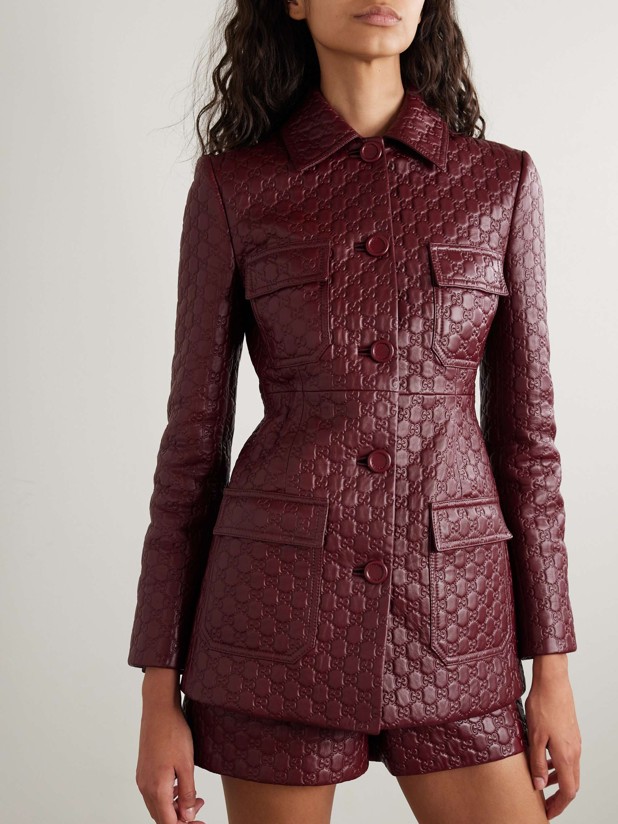 Paneled debossed leather jacket view