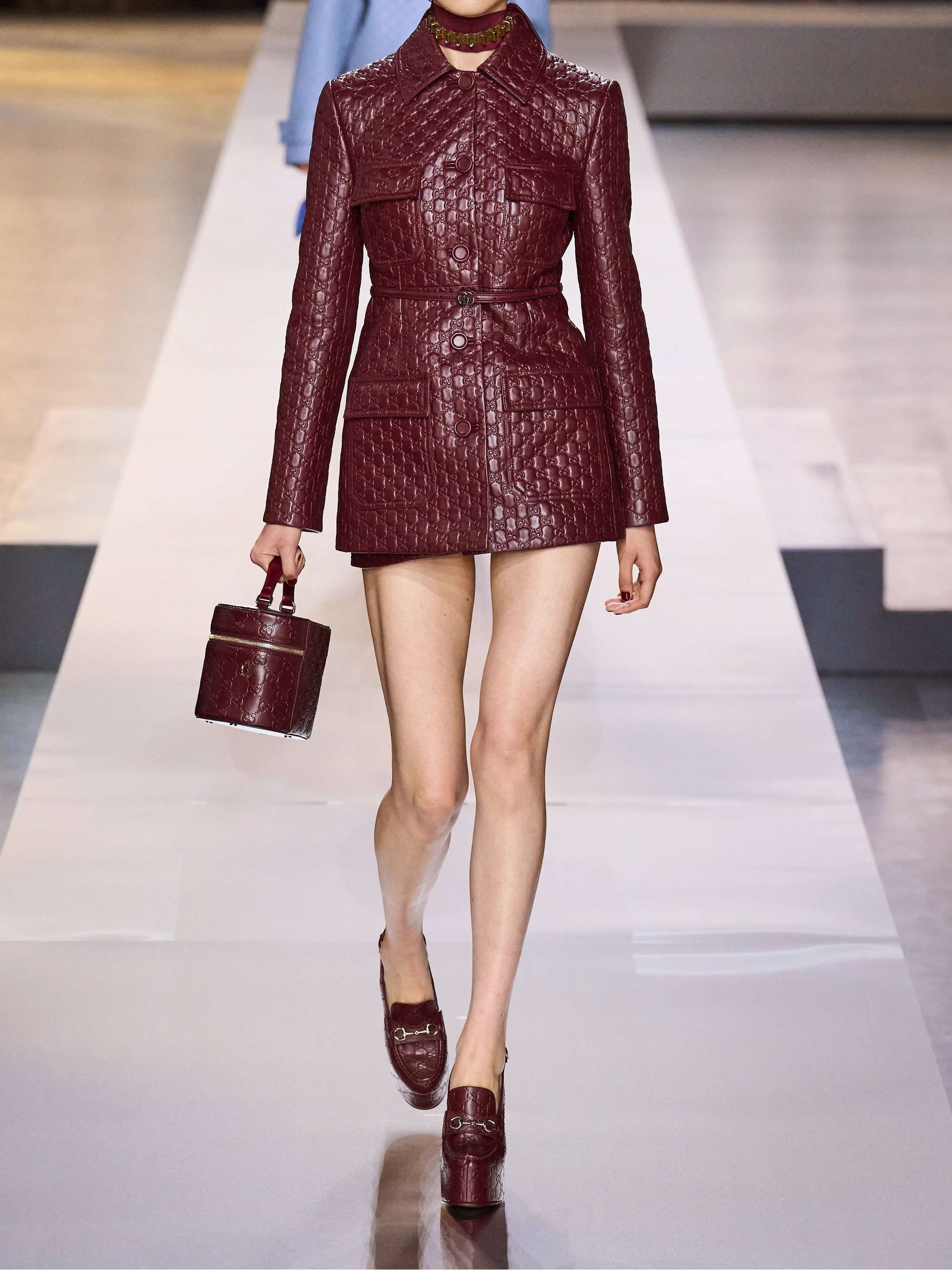 Paneled debossed leather jacket view