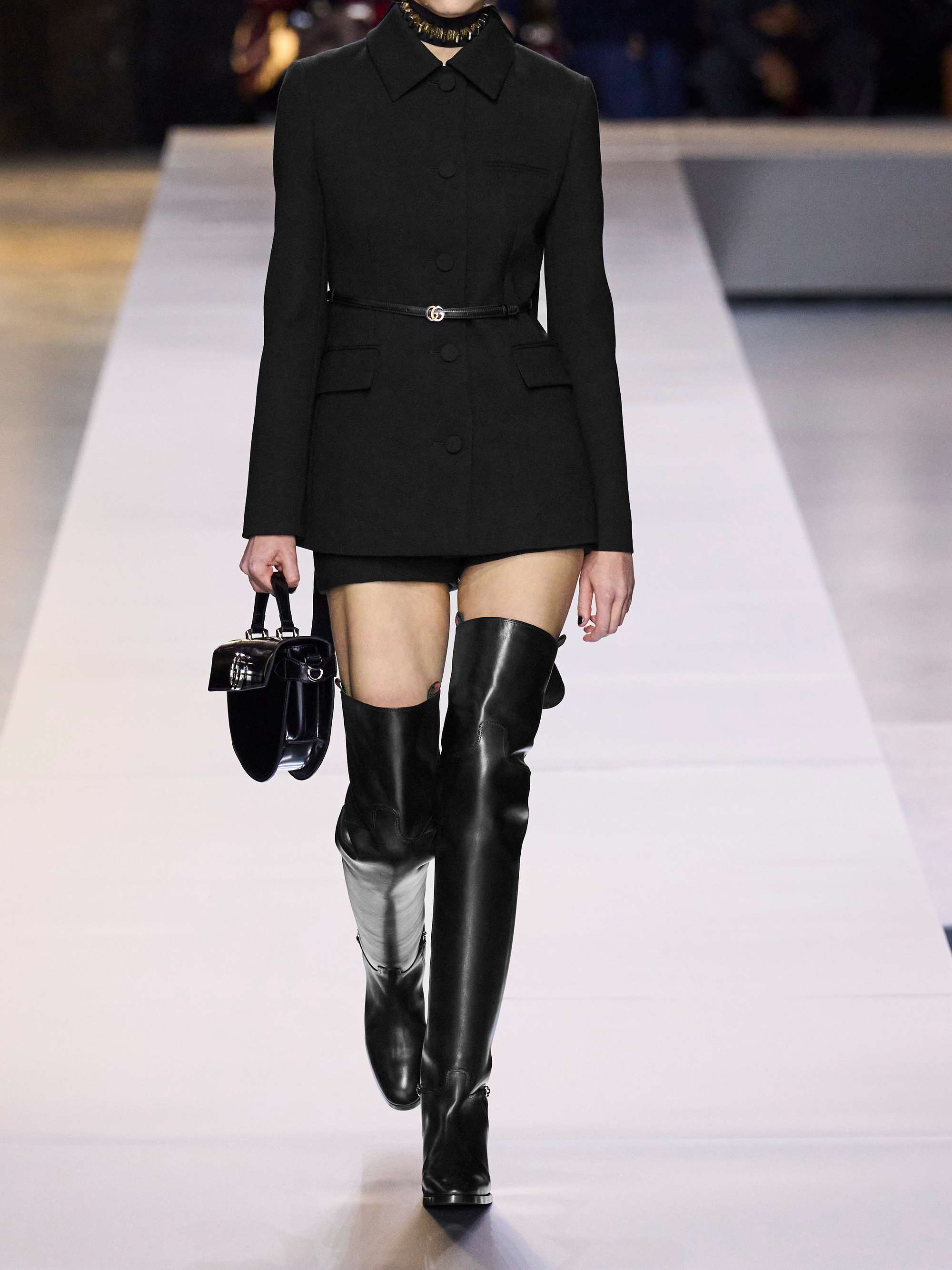Belted leather-trimmed wool jacket view