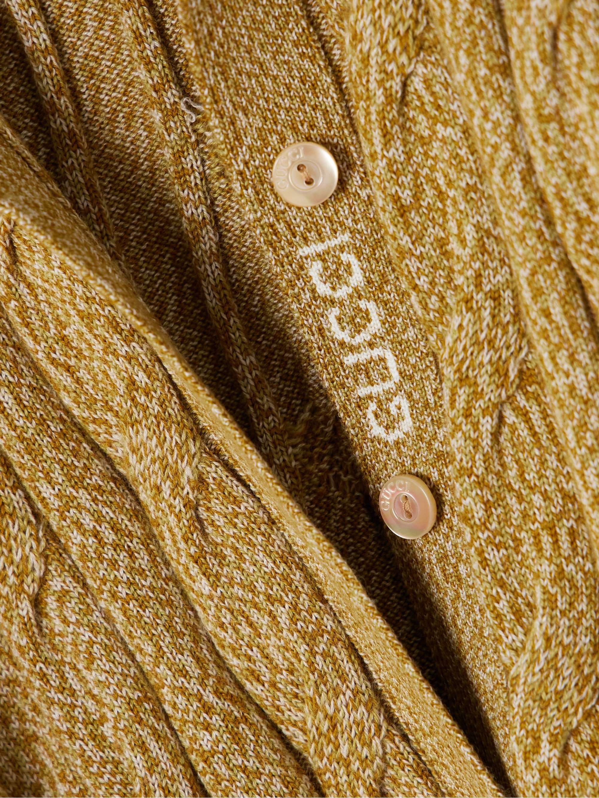 Striped webbing-trimmed cable-knit wool polo shirt view