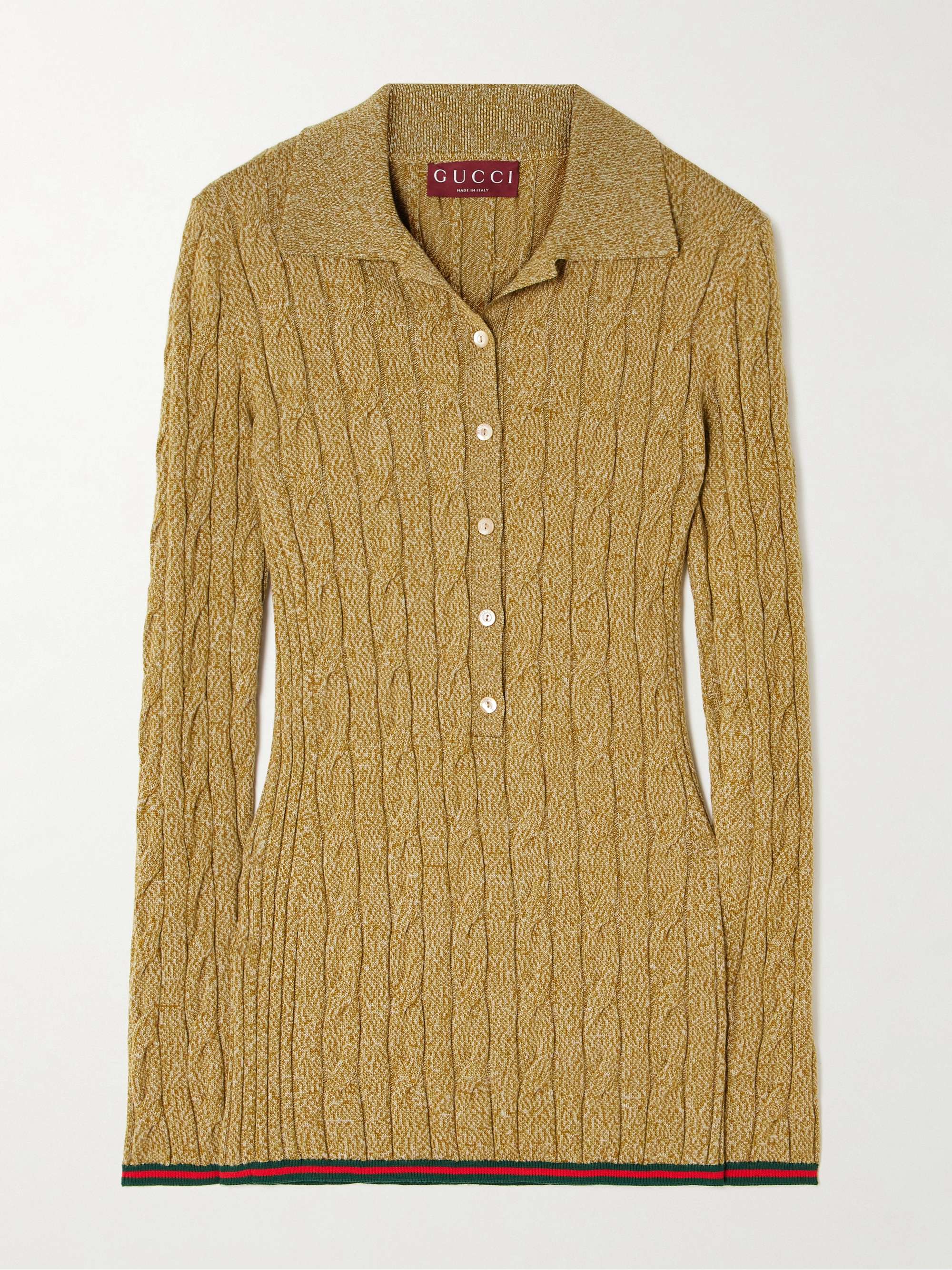 Striped webbing-trimmed cable-knit wool polo shirt view