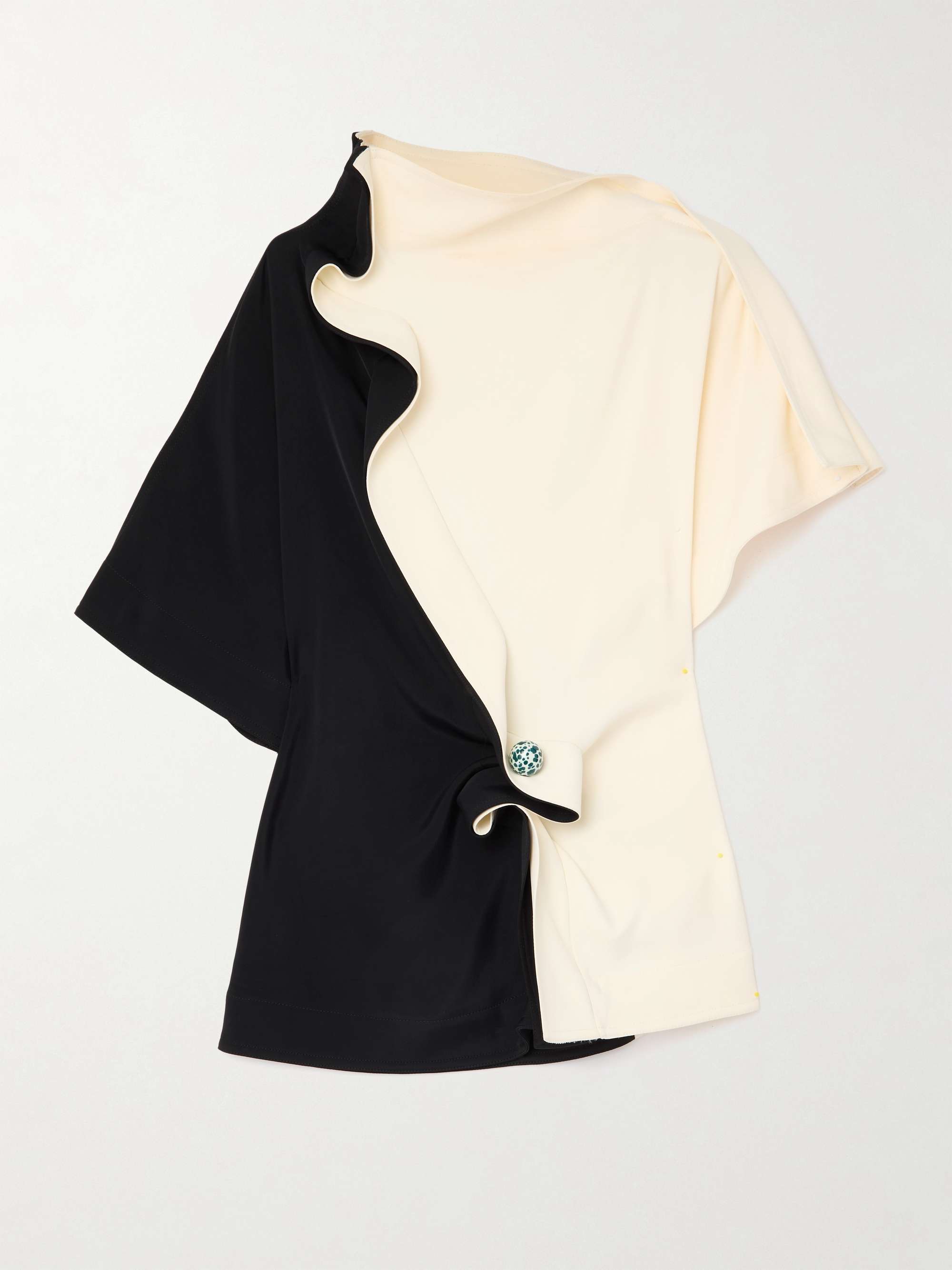 Embellished ruffled draped two-tone crepe top view