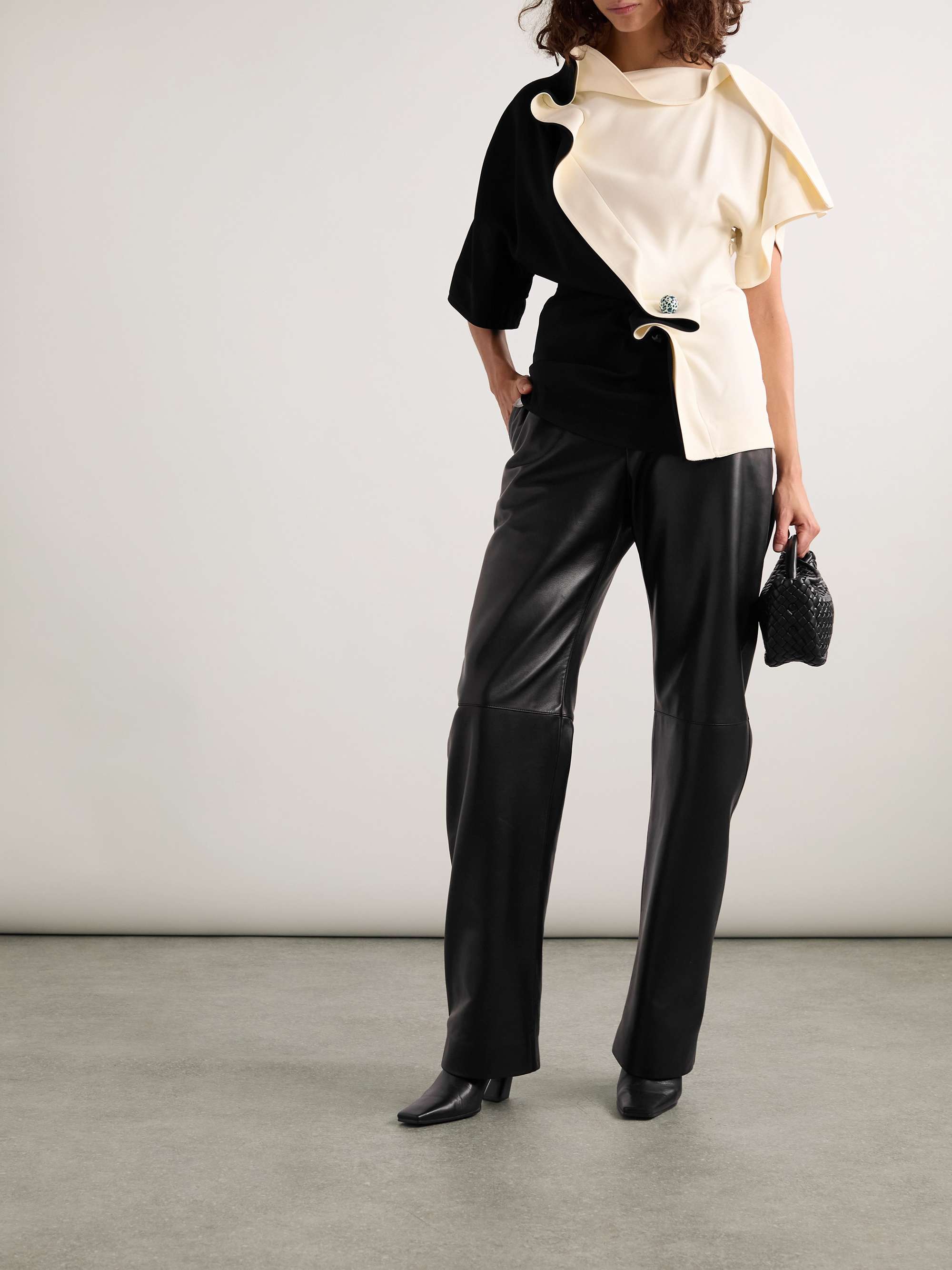 Embellished ruffled draped two-tone crepe top view