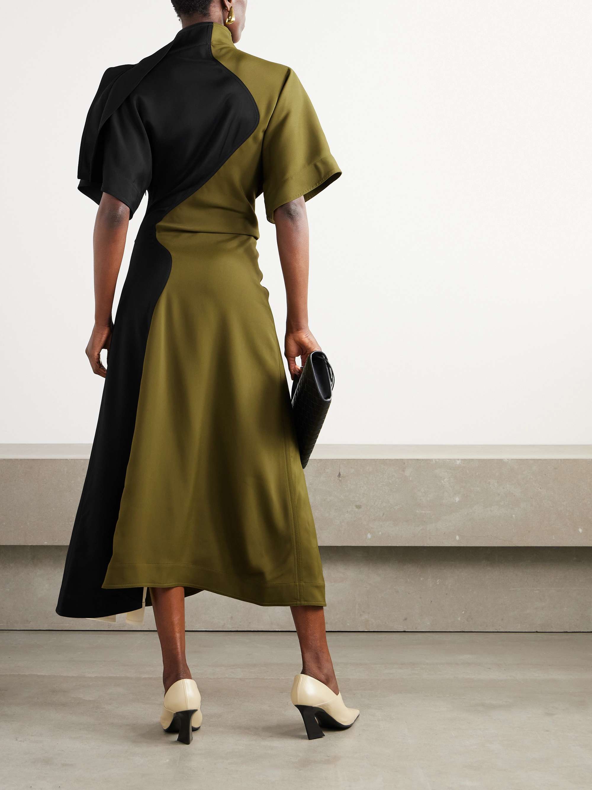 Draped asymmetric color-block satin dress view