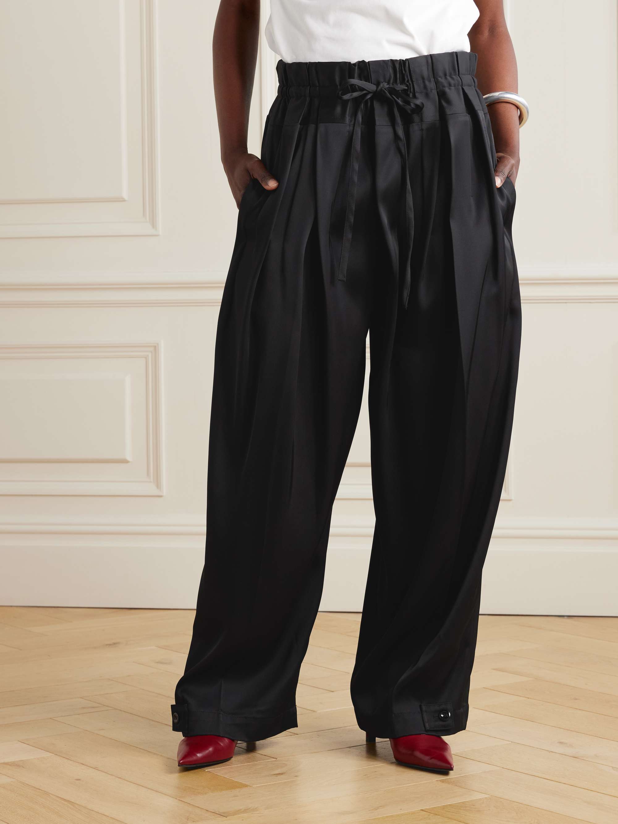 Pleated satin-twill wide-leg pants view
