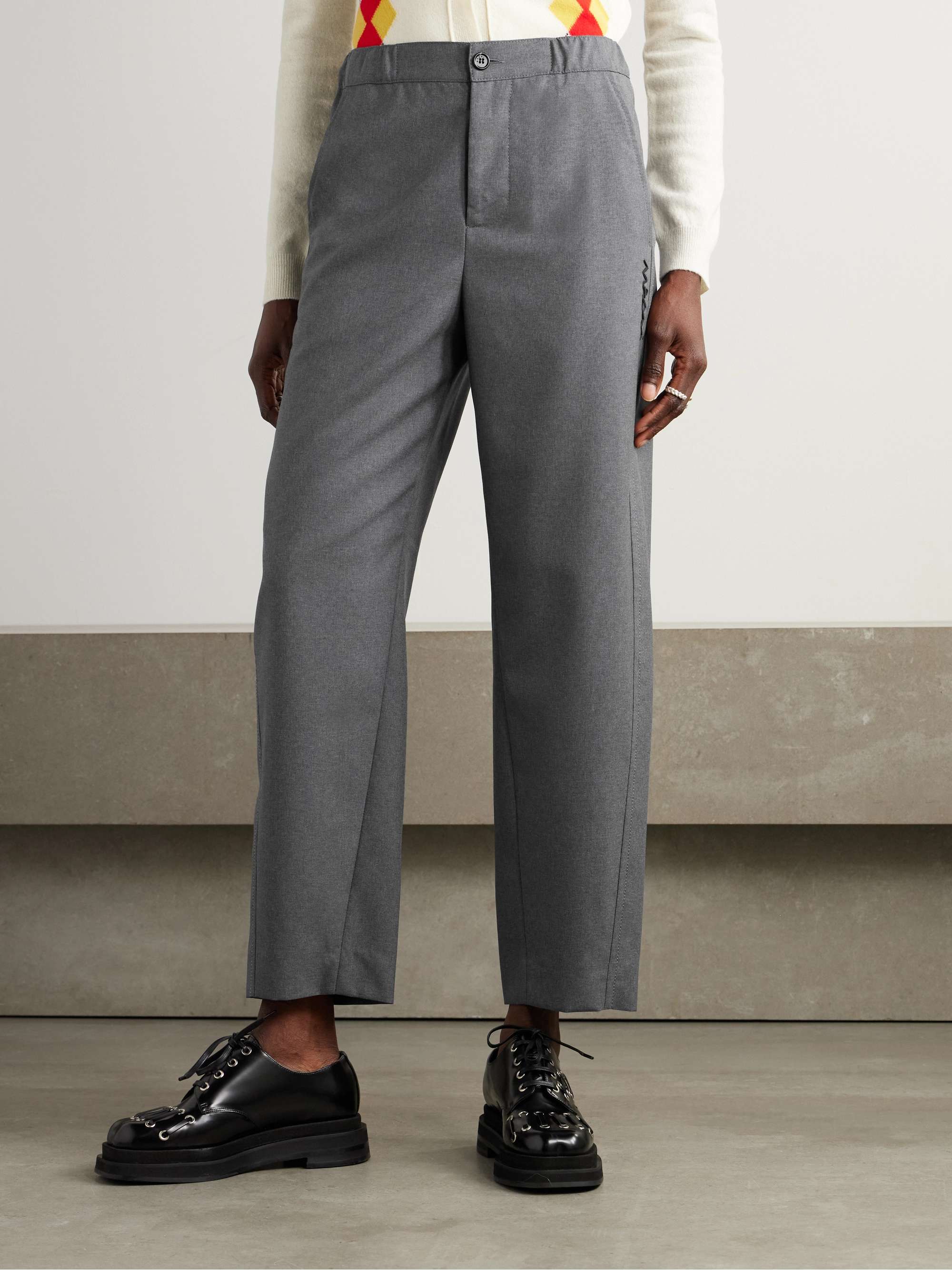 Cropped embroidered wool straight-leg pants view