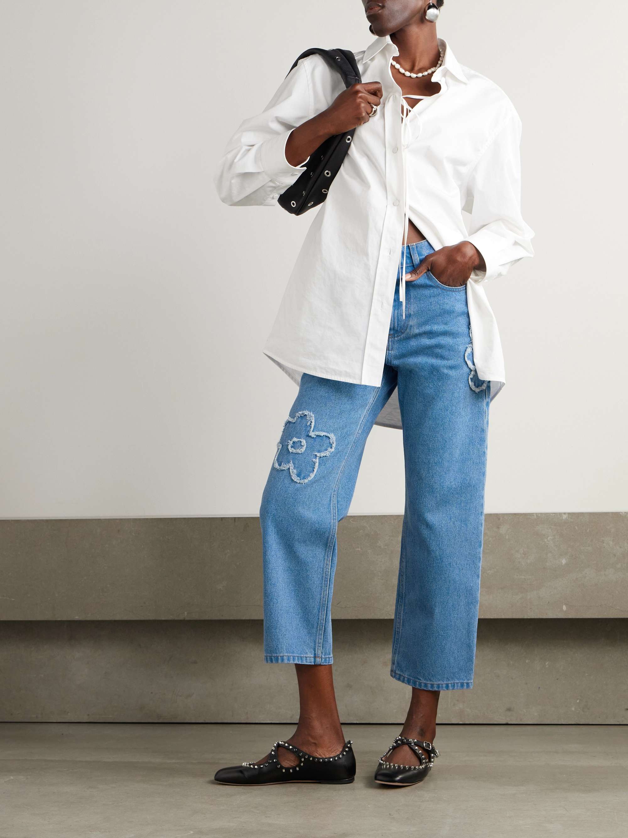 Cropped appliquéd mid-rise straight-leg jeans view