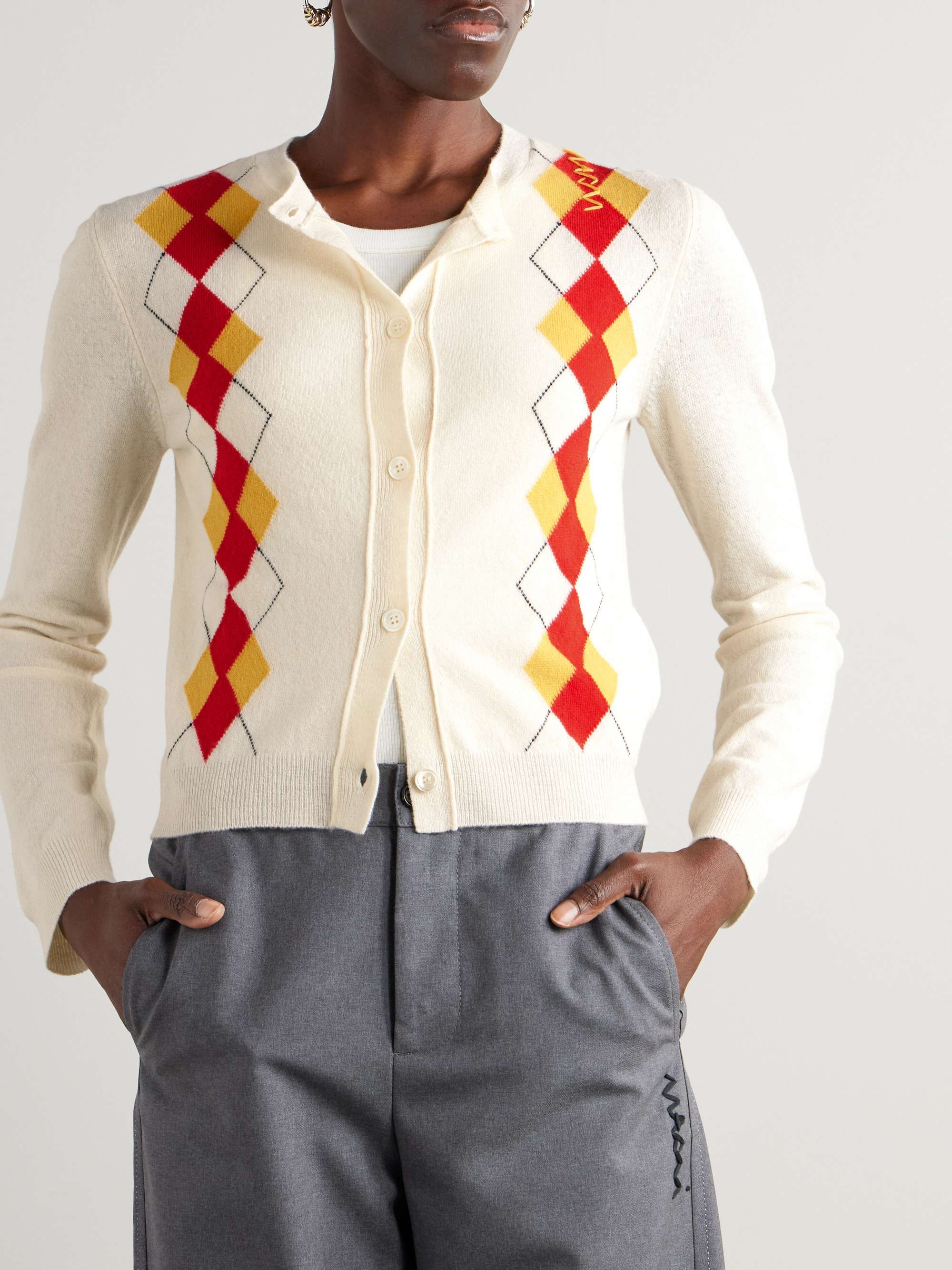Cropped embroidered argyle wool cardigan view