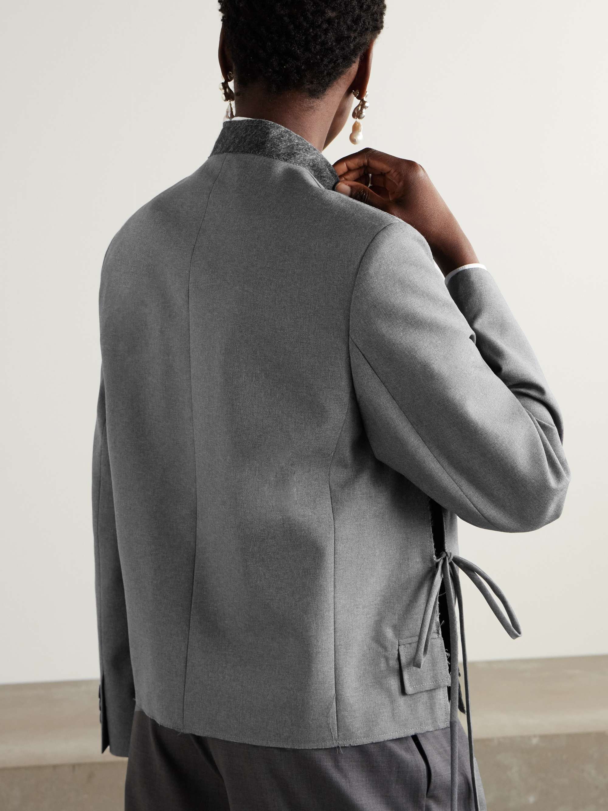 Felt-trimmed frayed embroidered wool jacket view