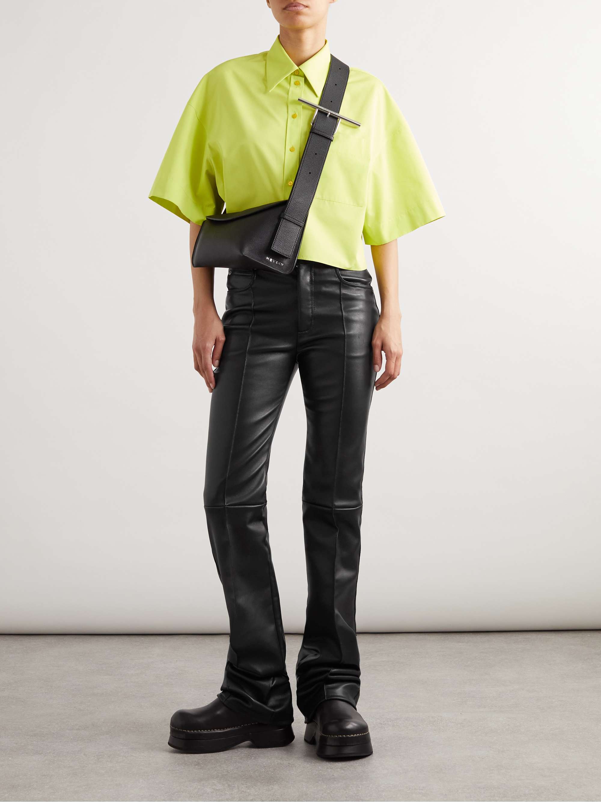 Paneled leather flared pants view