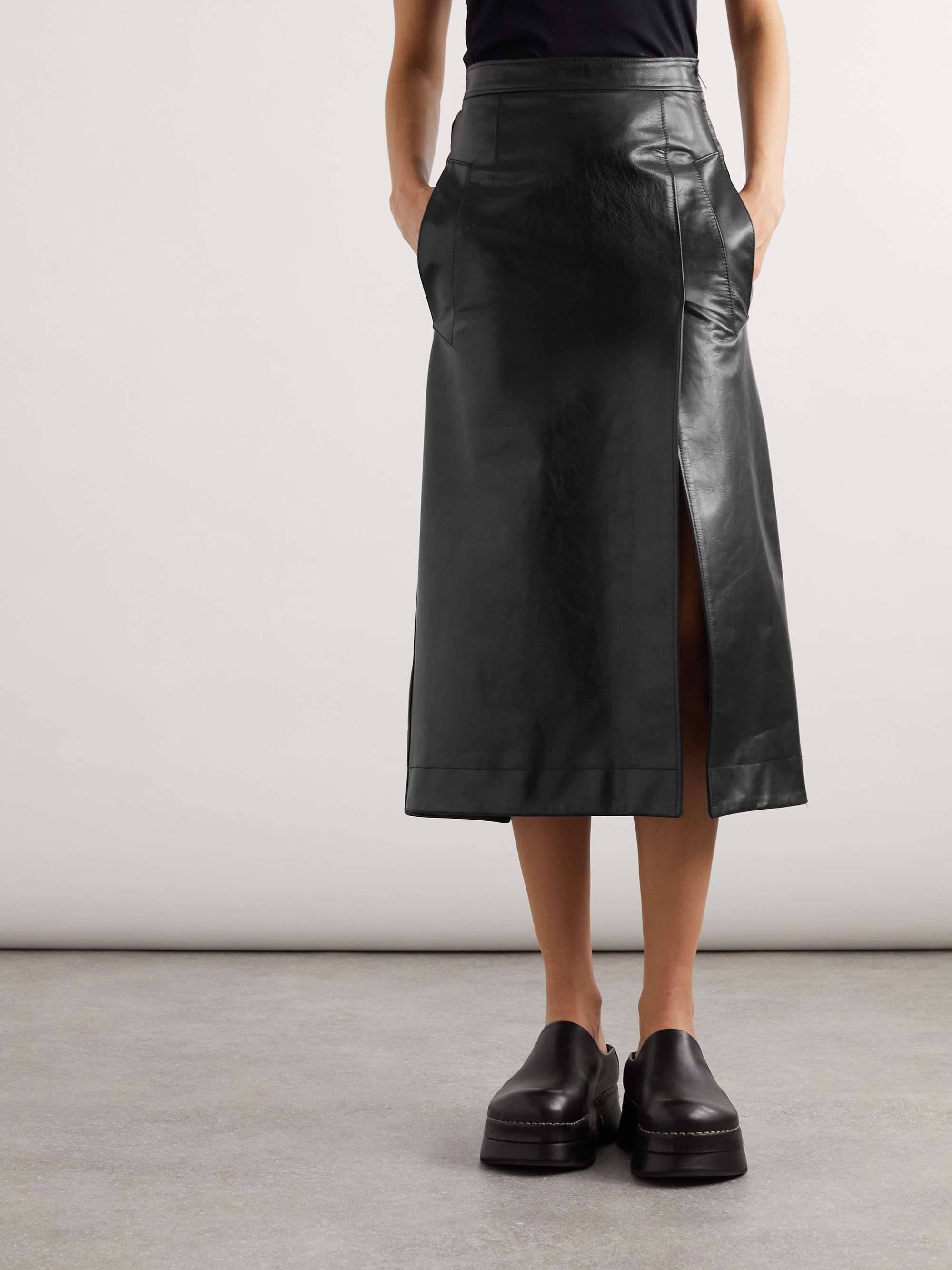 Wrap-effect chain-embellished paneled leather midi skirt view