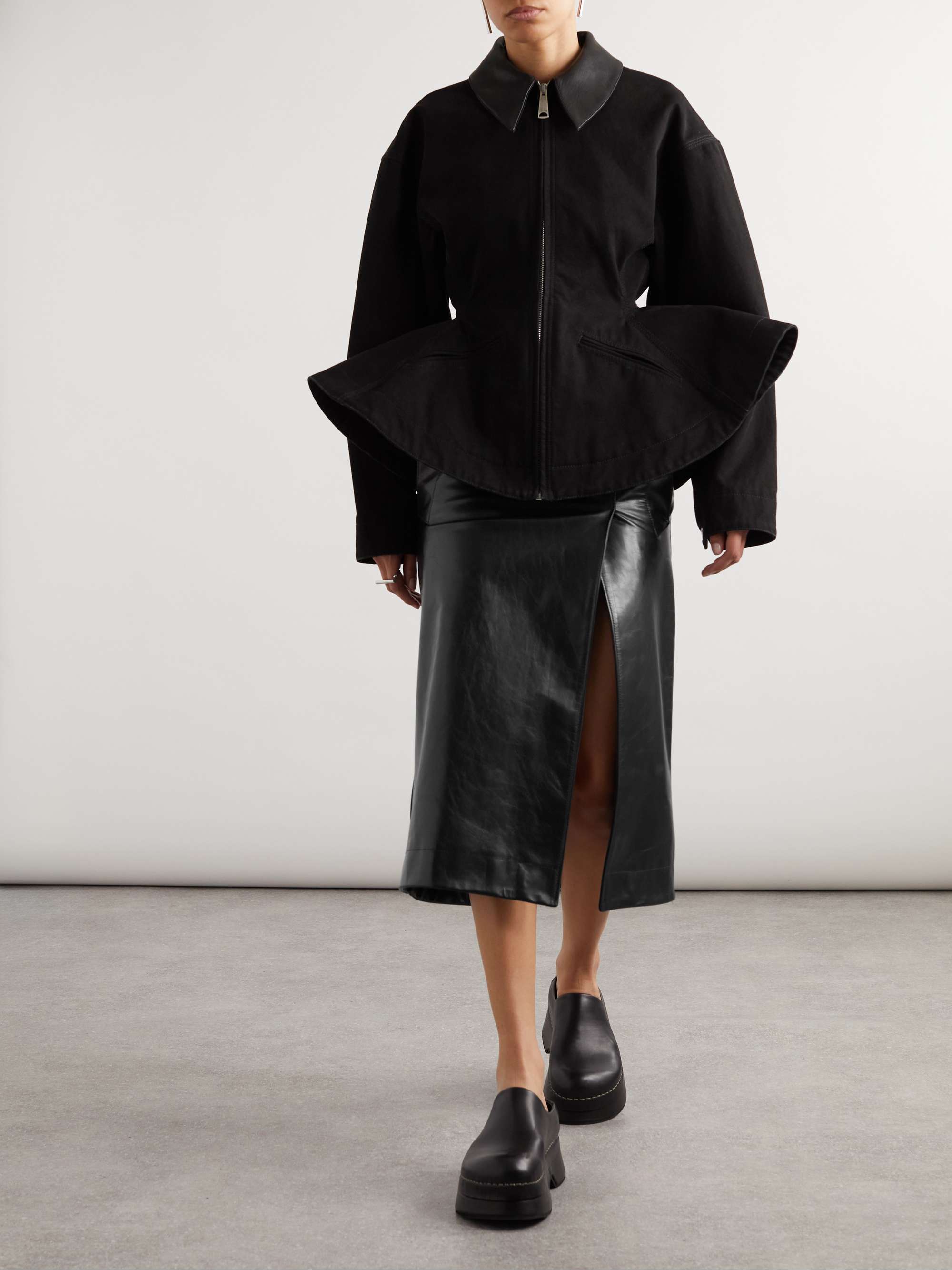 Wrap-effect chain-embellished paneled leather midi skirt view