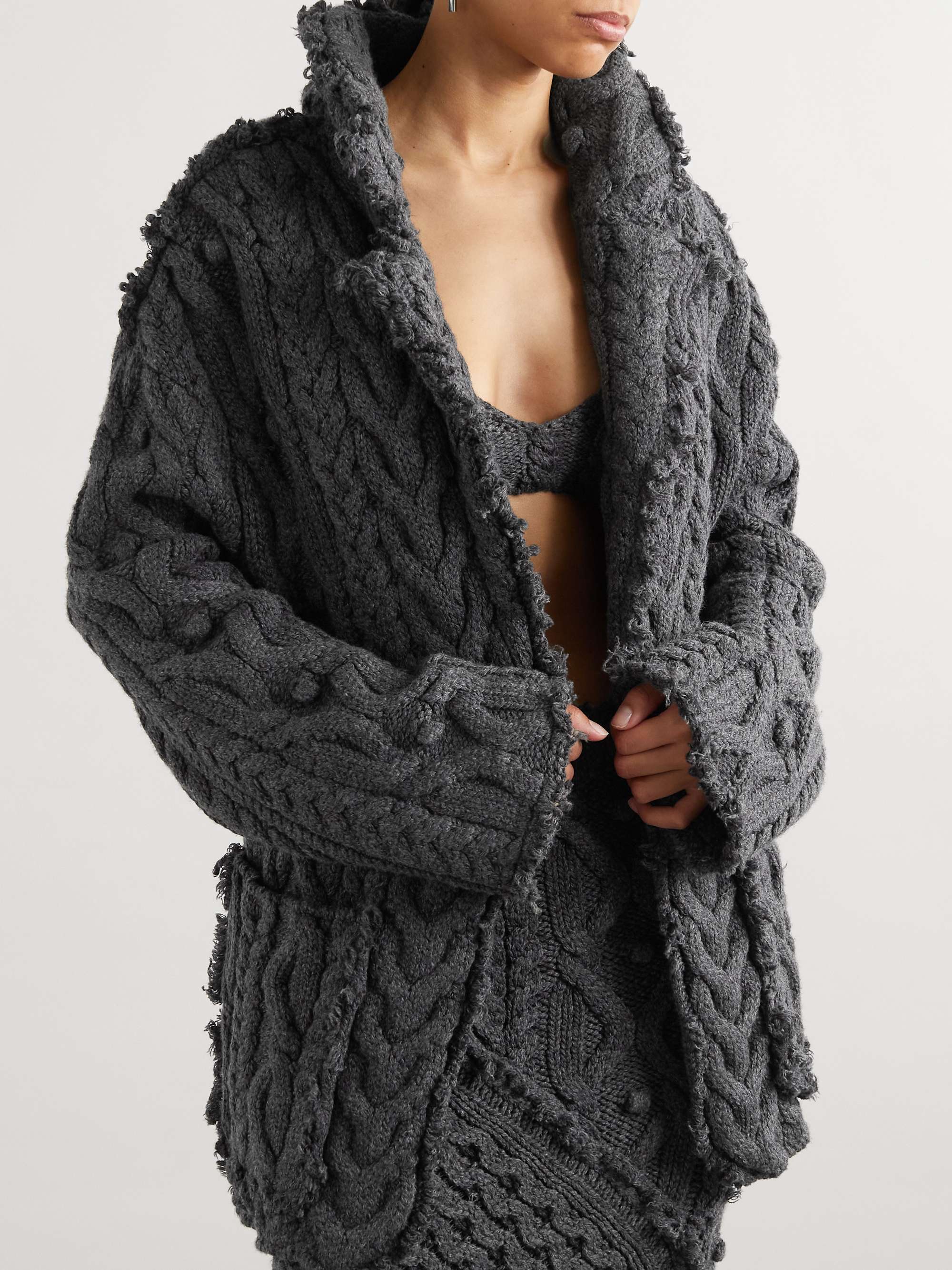 Distressed embellished cable-knit wool-blend cardigan view