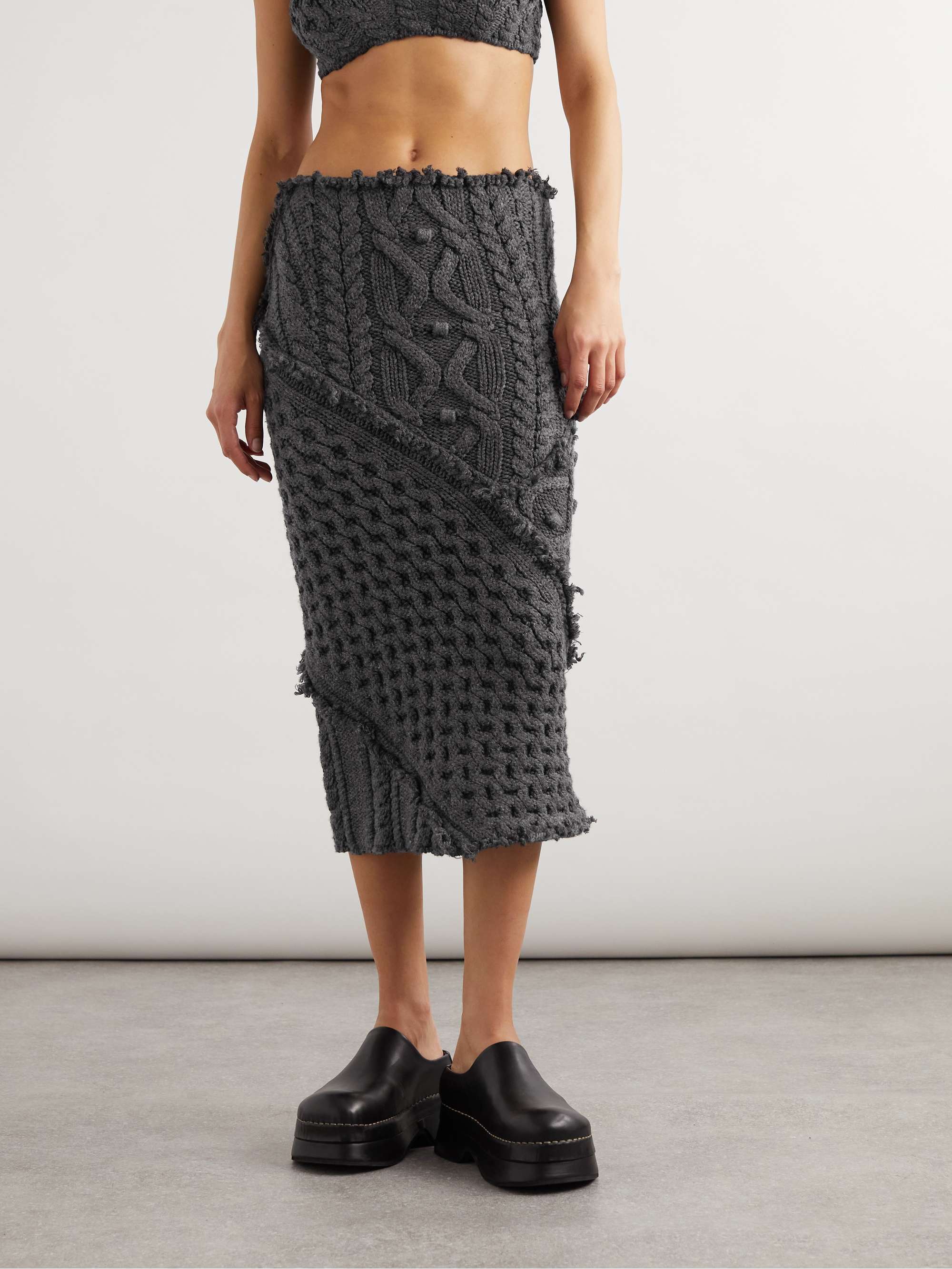 Frayed cable-knit wool-blend midi skirt view